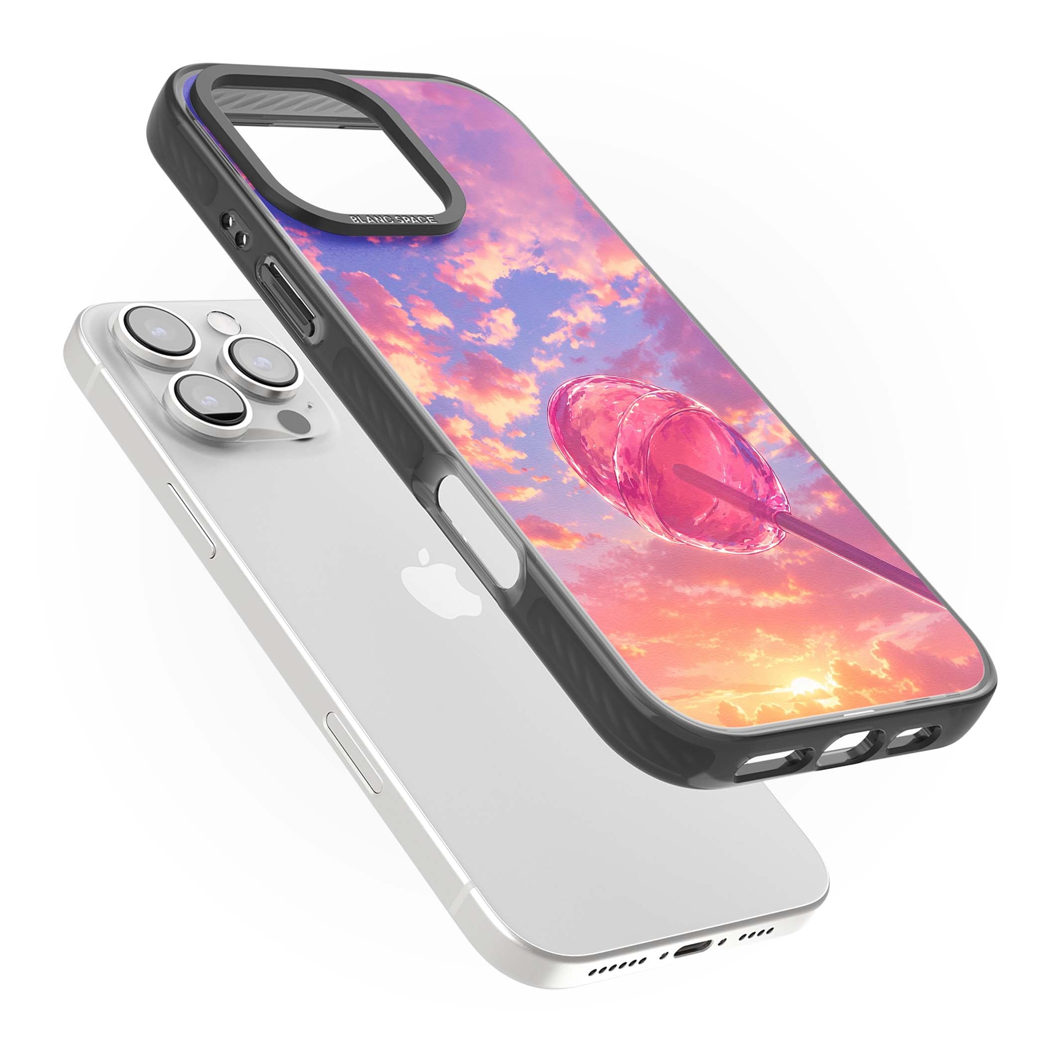 Sugar Sunset candy aesthetic iPhone case featuring a pink lollipop, pastel sunset sky and dreamy clouds | Black Impact case for iPhone 16 Pro, iPhone 16 Pro Max