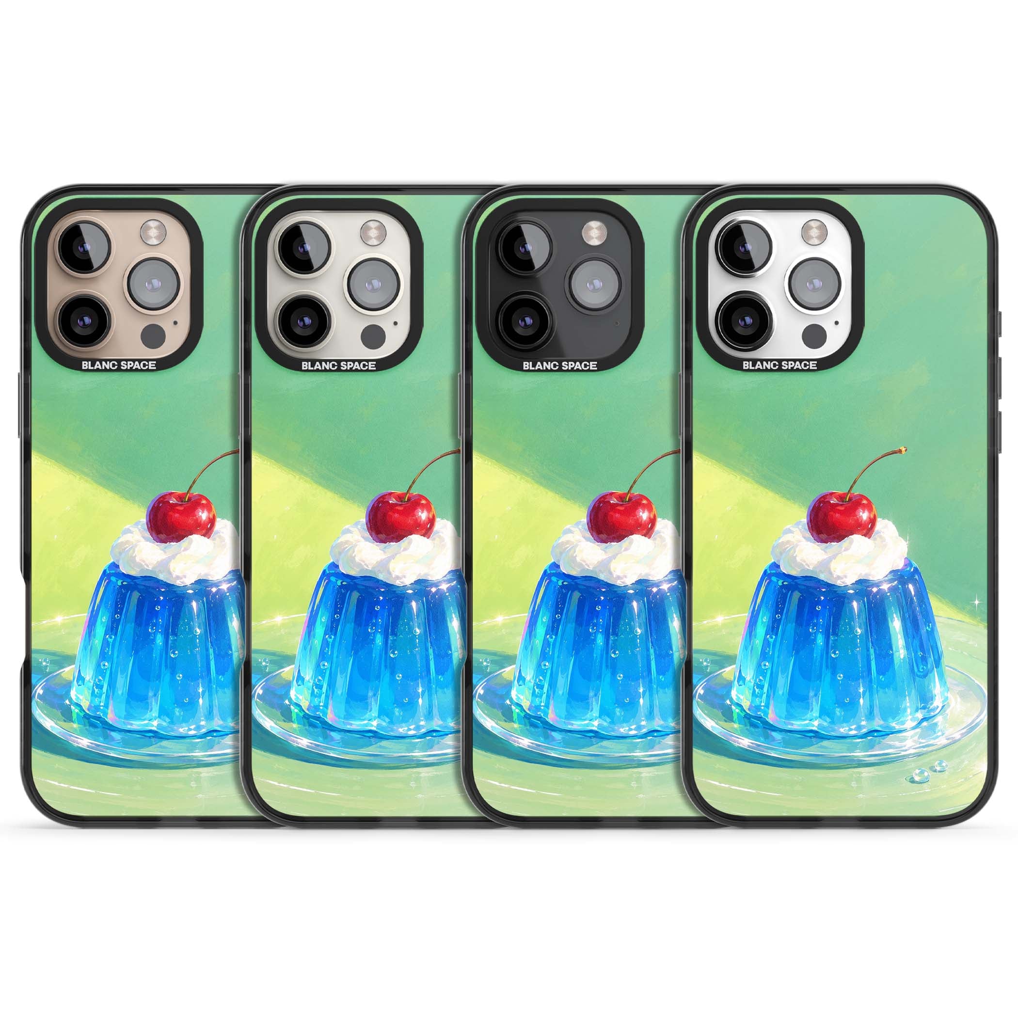 Cherry Jelly kawaii dessert iPhone case featuring blue jelly pudding, whipped cream and a red cherry | Black Impact case for iPhone 16 Pro, iPhone 16 Pro Max
