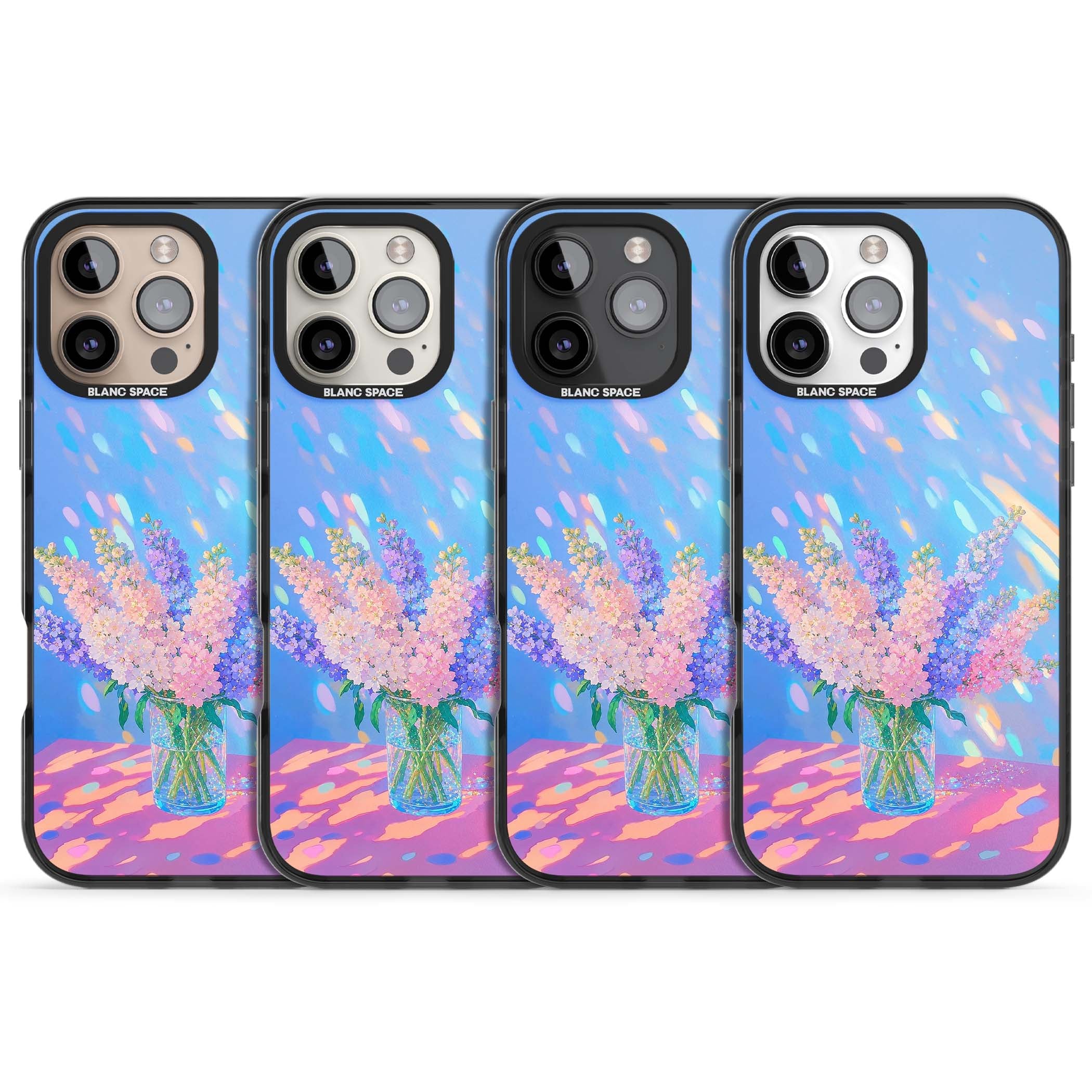 Bubblegum Flowers floral iPhone case featuring pastel lilac and pink bouquet in a glass vase with iridescent light | Black Impact case for iPhone 16 Pro, iPhone 16 Pro Max