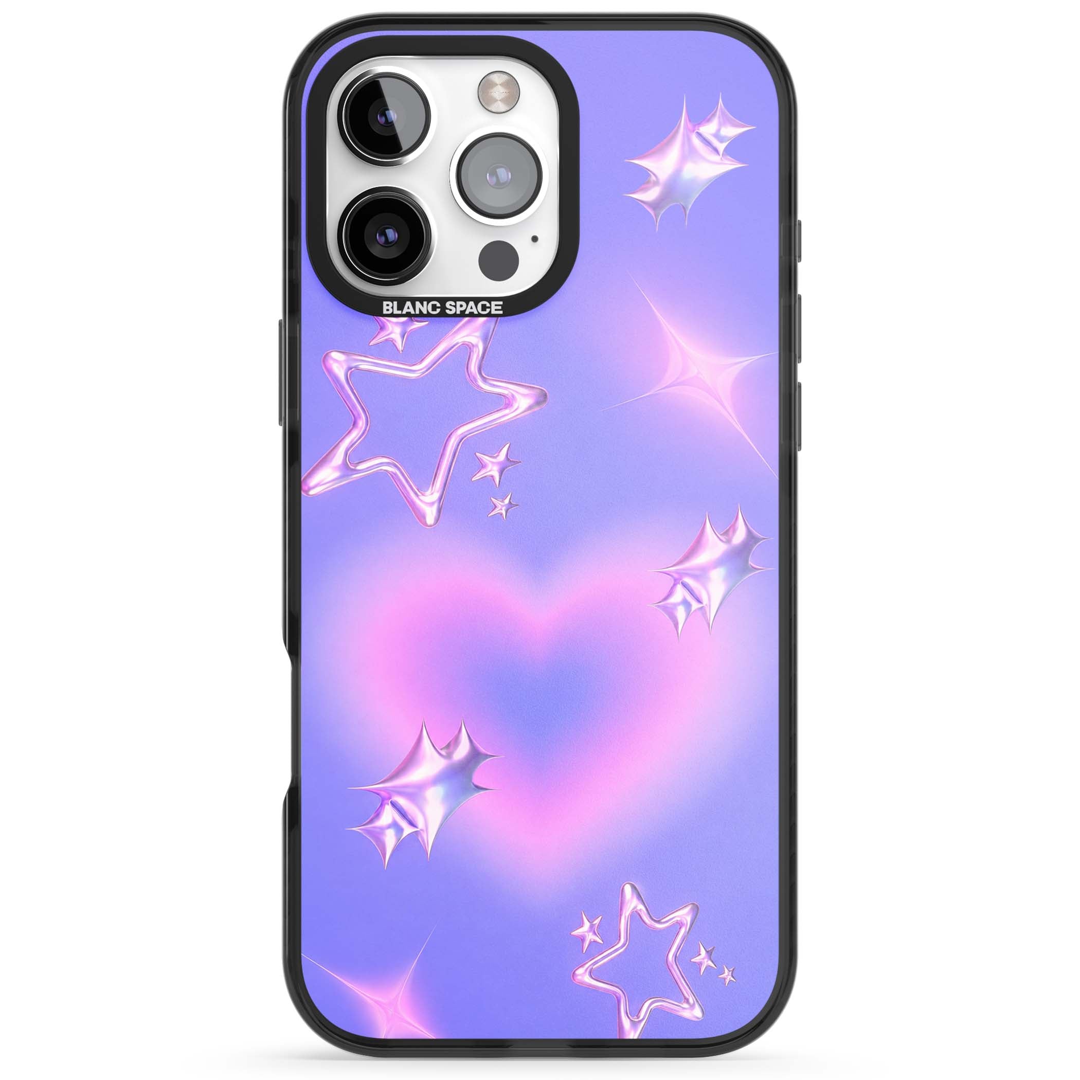 Soft Sugar Y2K iPhone case featuring iridescent chrome hearts, metallic pink stars and a lavender gradient sky | Black Impact case for iPhone 16 Pro, iPhone 16 Pro Max