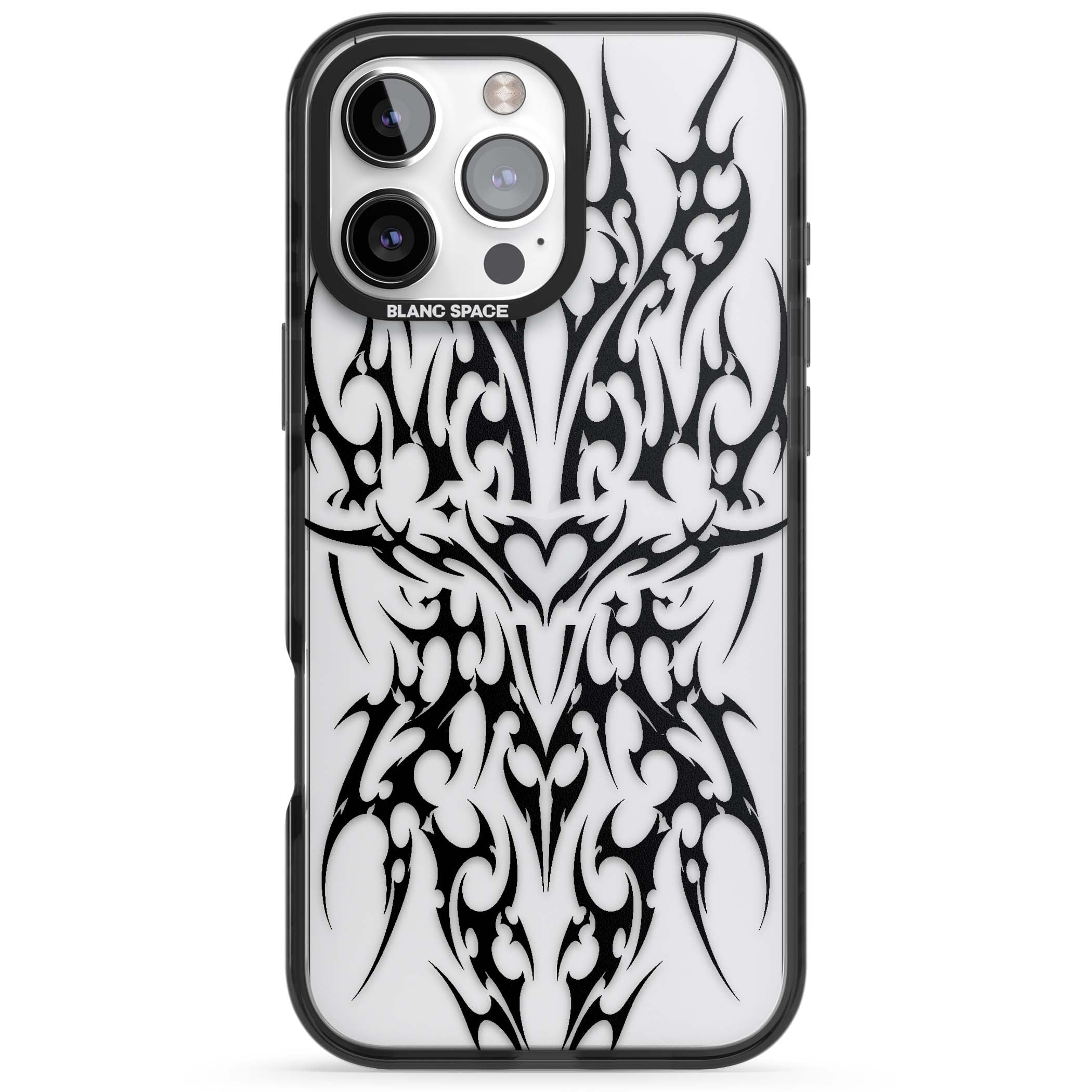 Neo Tribal Heart gothic iPhone case featuring symmetrical black tribal tattoo art with sharp thorn-like linework | Black Impact case for iPhone 16 Pro, iPhone 16 Pro Max