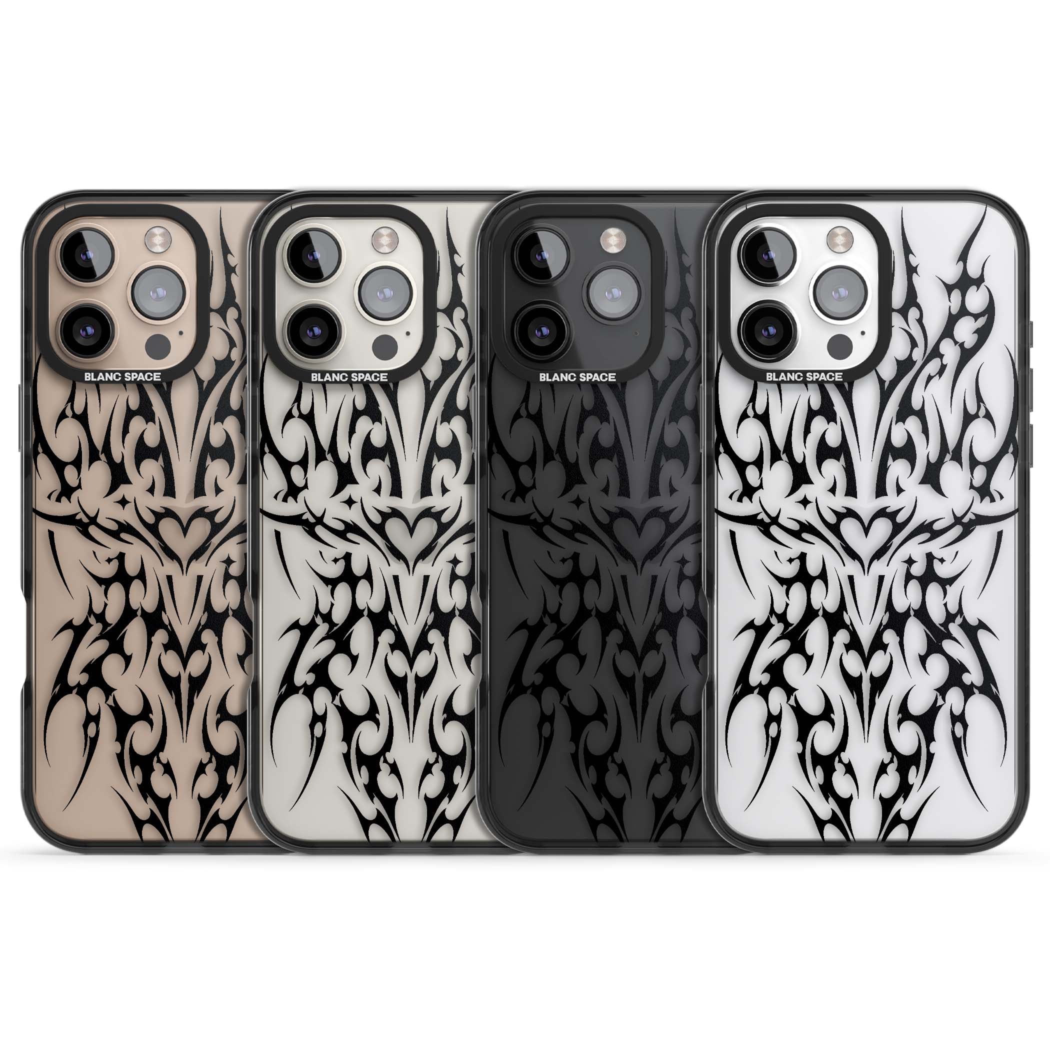 Neo Tribal Heart gothic iPhone case featuring symmetrical black tribal tattoo art with sharp thorn-like linework | Black Impact case for iPhone 16 Pro, iPhone 16 Pro Max