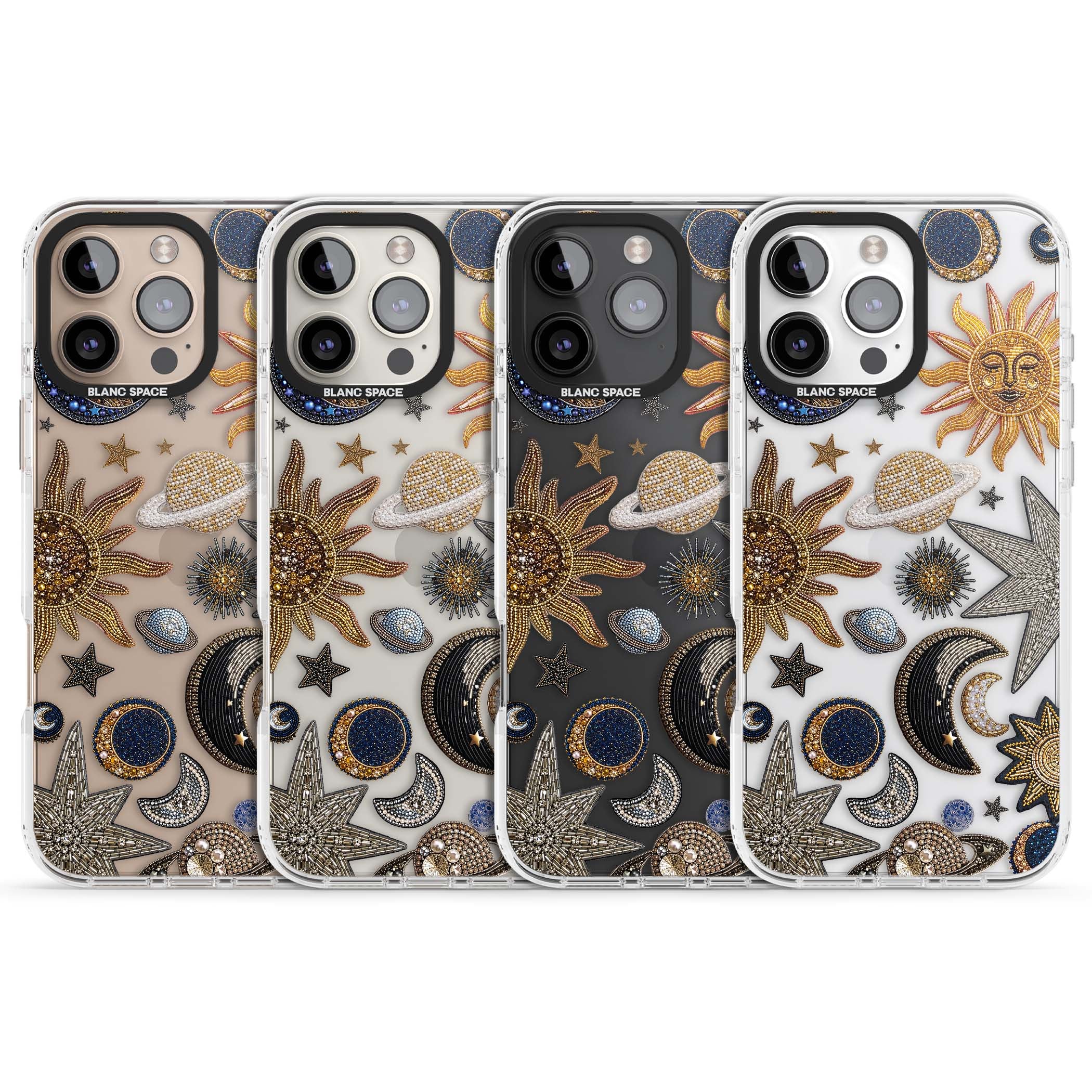 Beaded Cosmos celestial iPhone case featuring embroidered golden suns, beaded planets and silver shooting stars | Clear Impact case for iPhone 16 Pro, iPhone 16 Pro Max