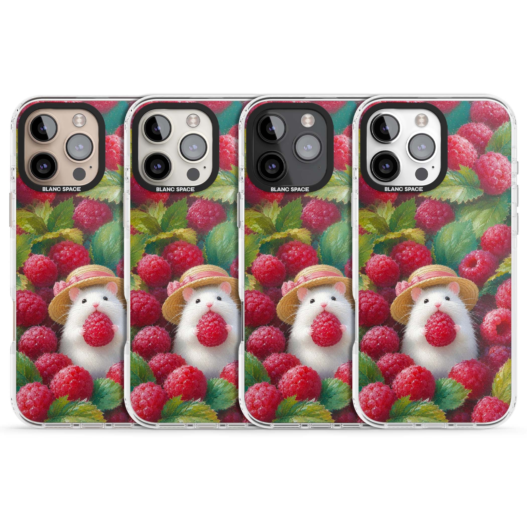 Berry Forager cottagecore iPhone case featuring a white hamster in a straw hat holding a raspberry surrounded by ripe ber | Clear Impact case for iPhone 16 Pro, iPhone 16 Pro Max