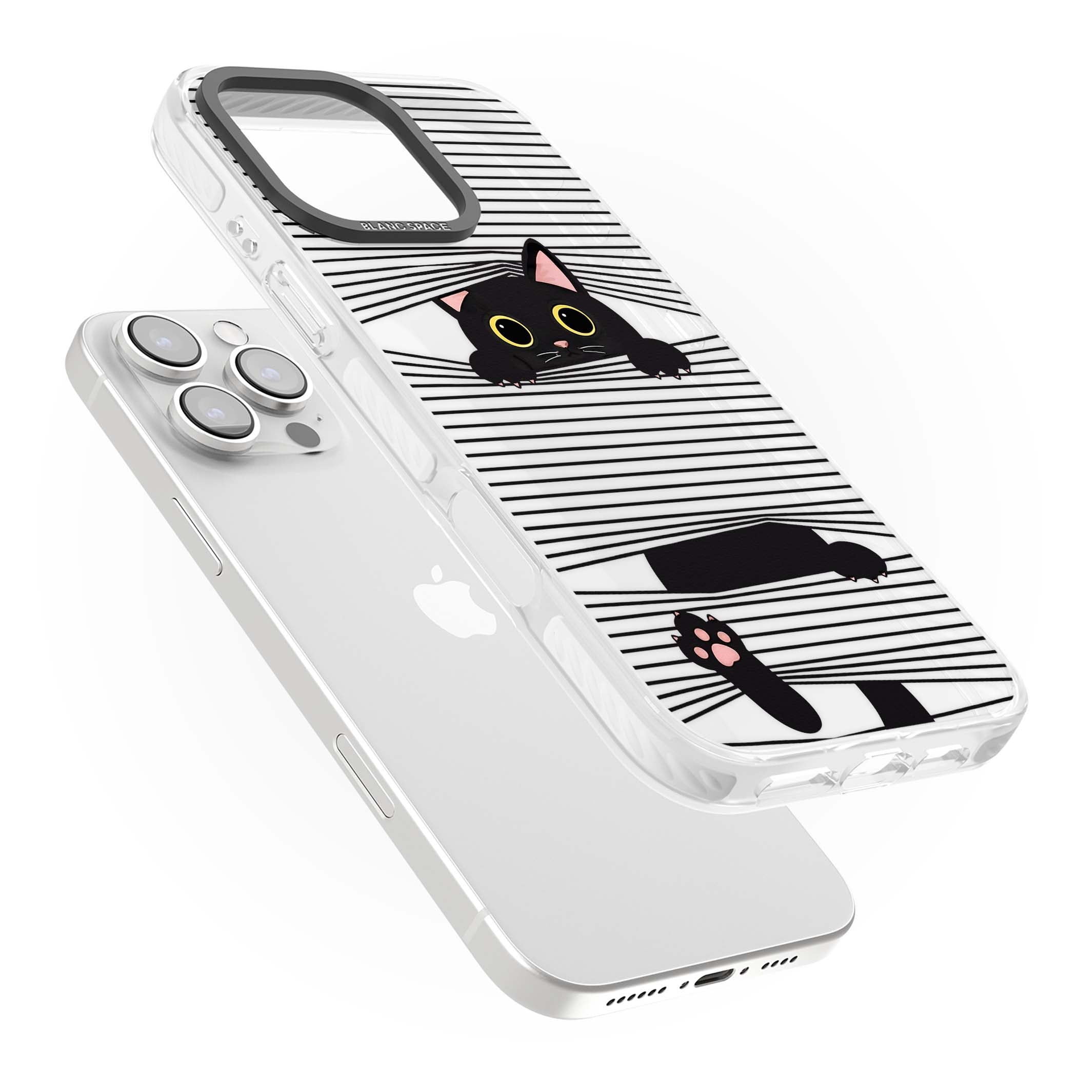 Peek-a-Boo Cat minimal iPhone case featuring black cat peeking through horizontal black and white stripes | Clear Impact case for iPhone 16 Pro, iPhone 16 Pro Max