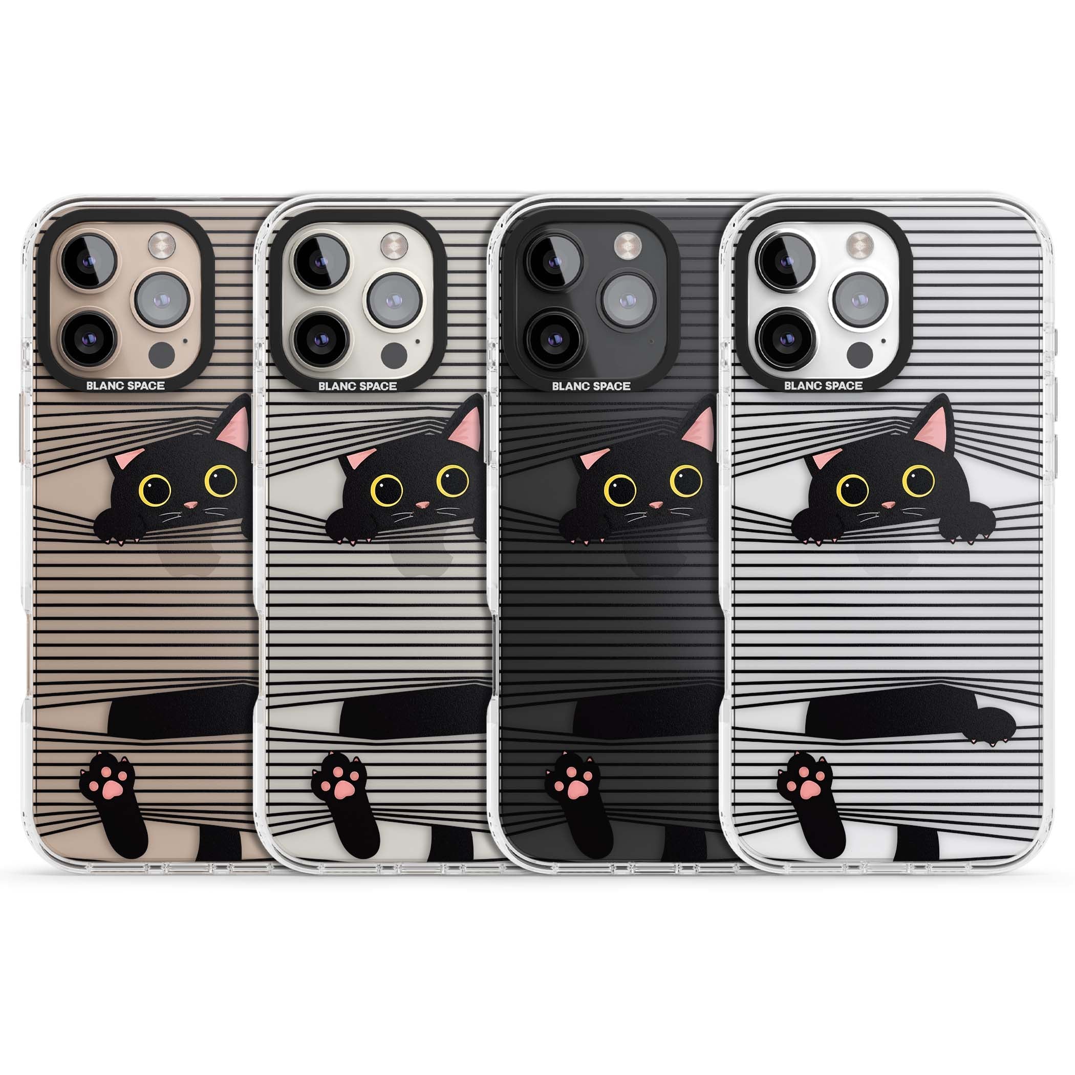 Peek-a-Boo Cat minimal iPhone case featuring black cat peeking through horizontal black and white stripes | Clear Impact case for iPhone 16 Pro, iPhone 16 Pro Max