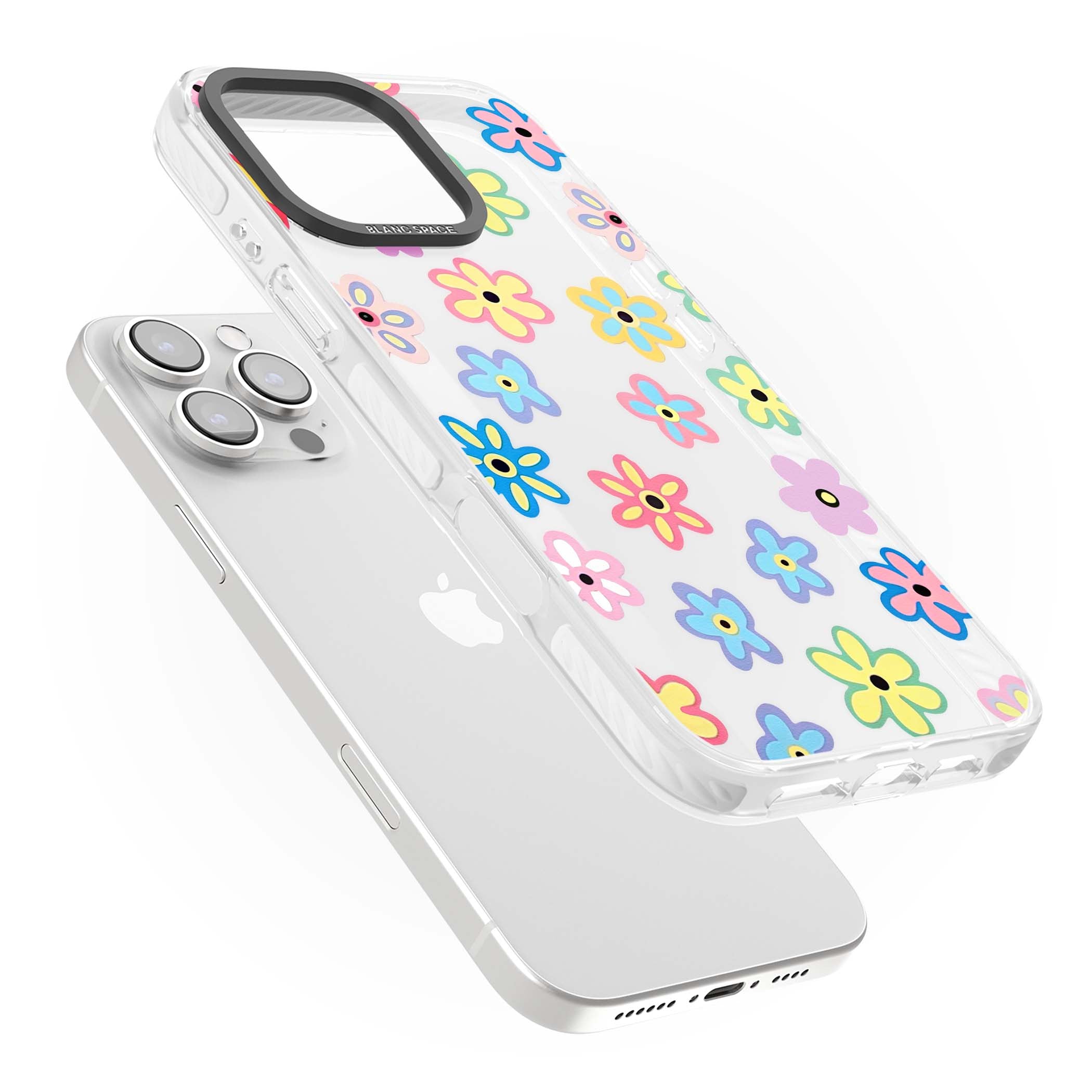 Bloom Pop cottagecore iPhone case featuring multicolor pastel flowers with black centers on clear background | Clear Impact case for iPhone 16 Pro, iPhone 16 Pro Max