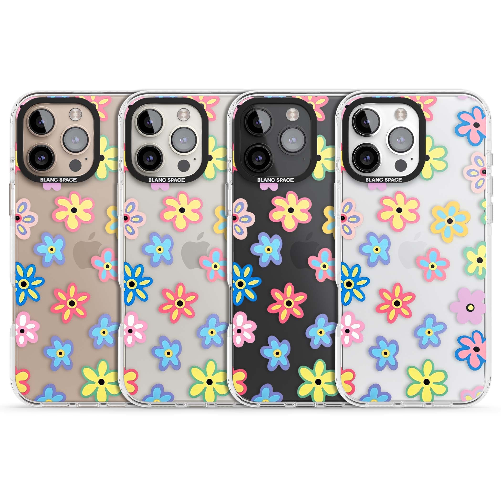 Bloom Pop cottagecore iPhone case featuring multicolor pastel flowers with black centers on clear background | Clear Impact case for iPhone 16 Pro, iPhone 16 Pro Max