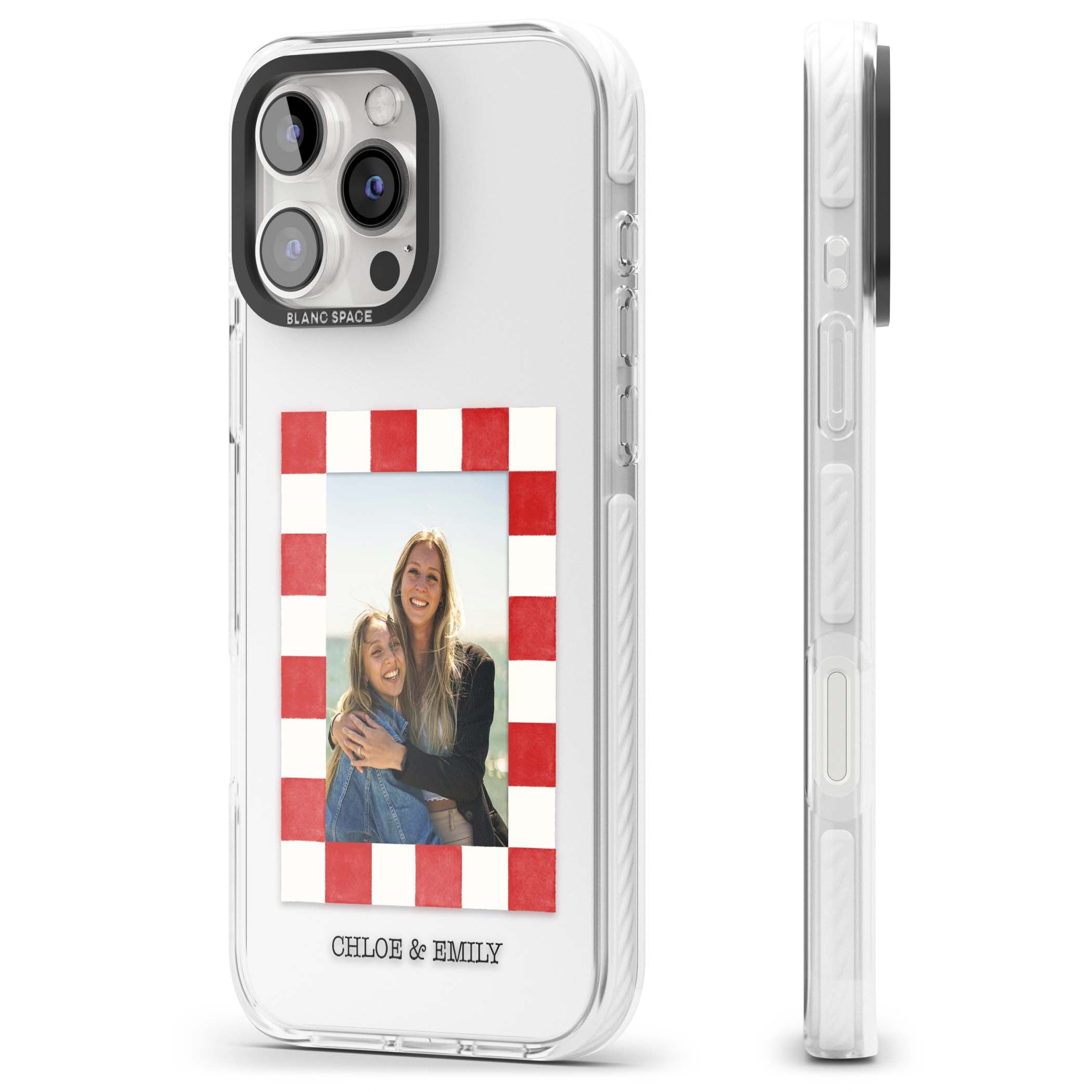 Red Check Photo personalised photo iPhone case with red and white checkered polaroid frame and custom couple name | Clear Impact case for iPhone 16 Pro, iPhone 16 Pro Max