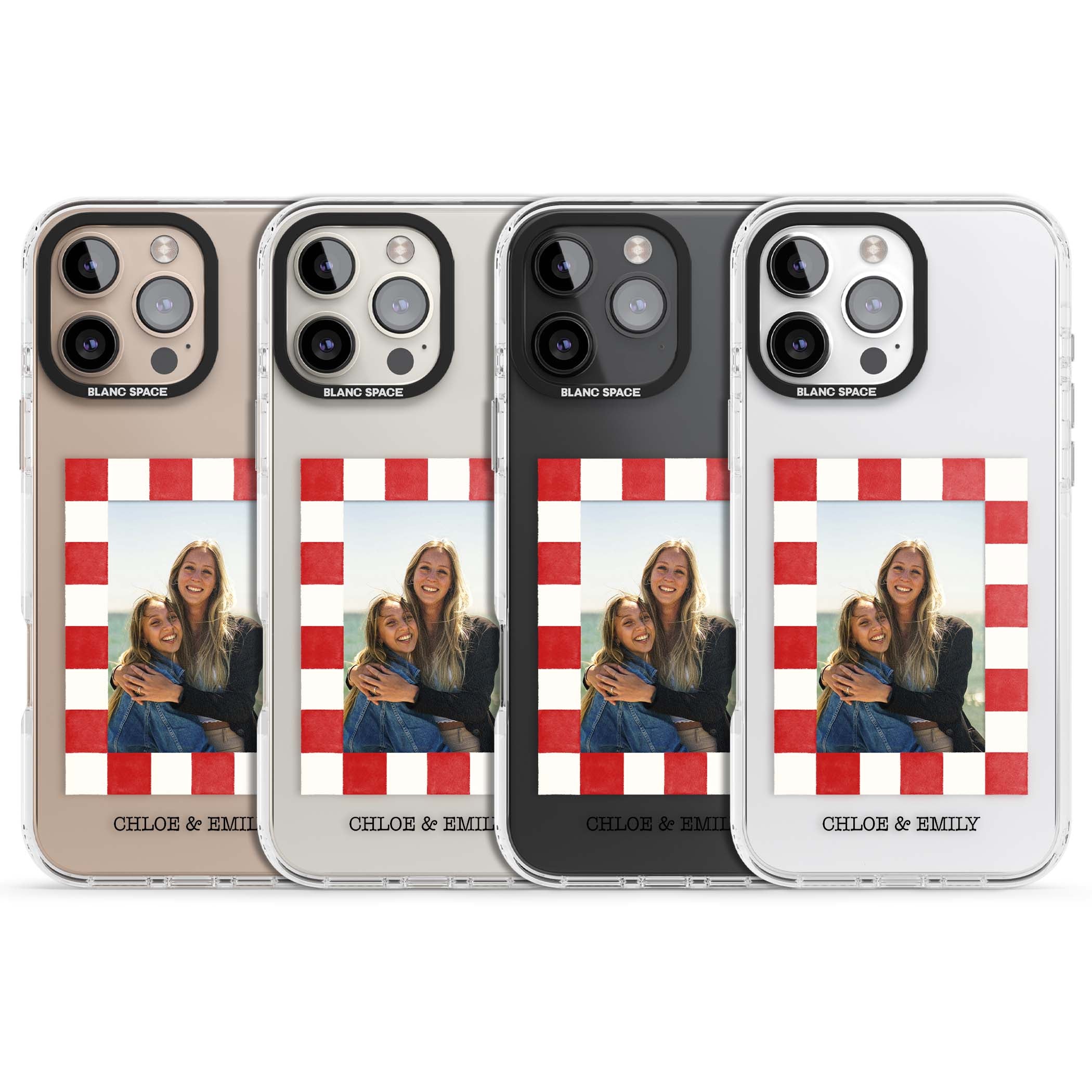 Red Check Photo personalised photo iPhone case with red and white checkered polaroid frame and custom couple name | Clear Impact case for iPhone 16 Pro, iPhone 16 Pro Max