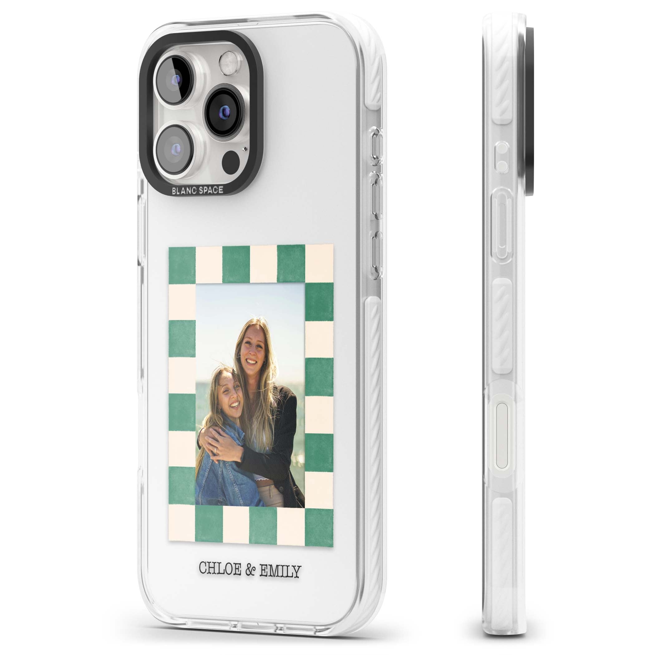 Seafoam Check Photo personalised iPhone case featuring a custom polaroid photo, green and cream checkered frame, and custom n | Clear Impact case for iPhone 16 Pro, iPhone 16 Pro Max