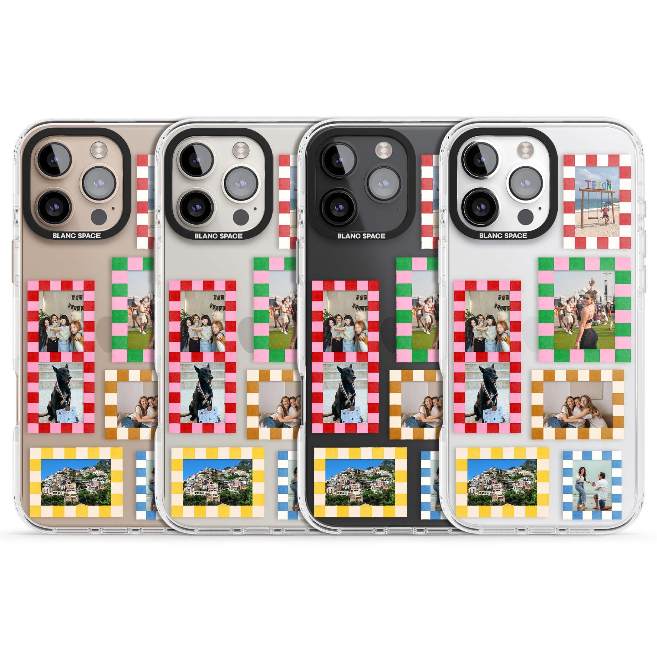 Italian Check Frames custom photo collage iPhone case featuring six checkered photo frames in red, green, pink and | Clear Impact case for iPhone 16 Pro, iPhone 16 Pro Max