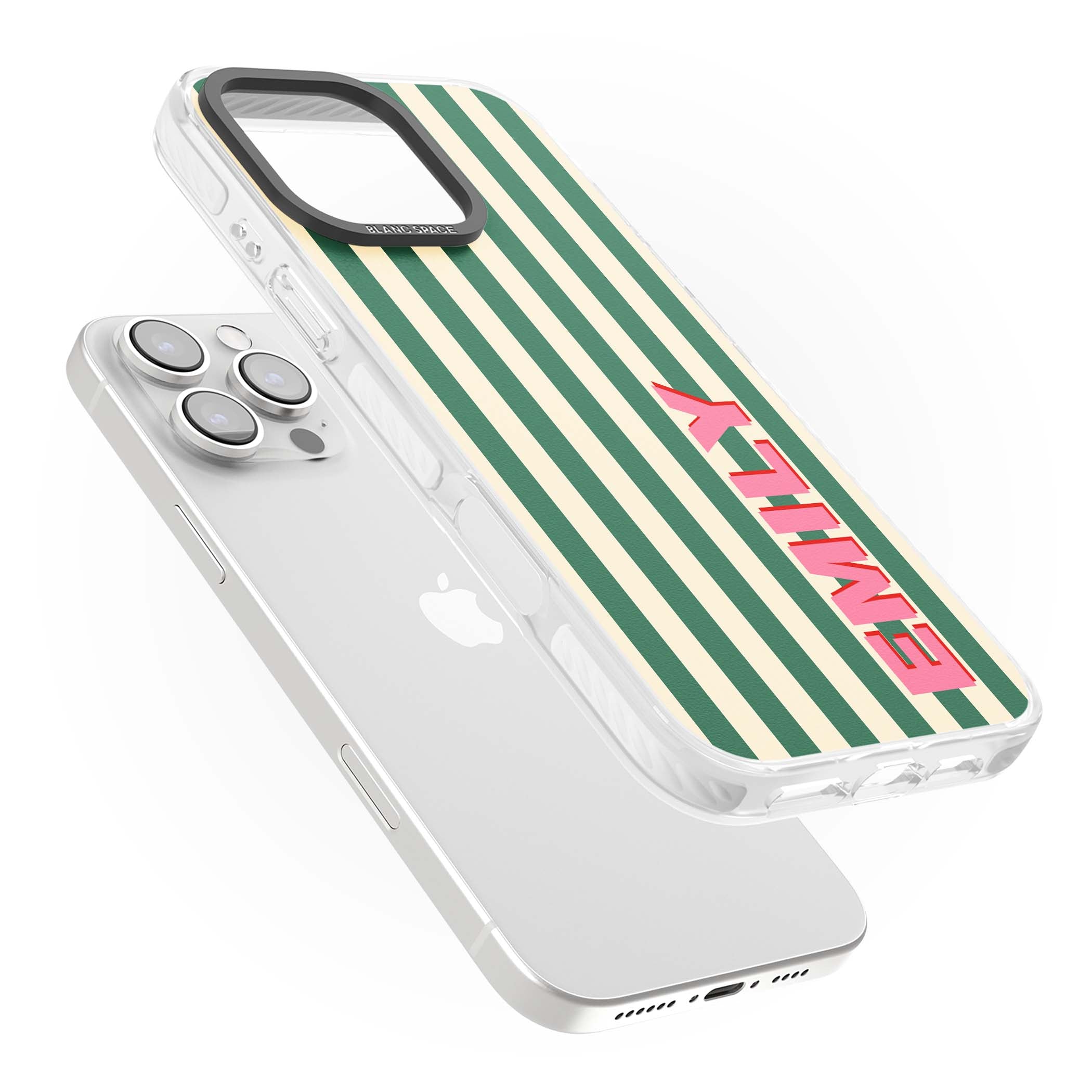 Wimbledon Stripe preppy iPhone case featuring green and cream vertical stripes with a personalised pink name | Clear Impact case for iPhone 16 Pro, iPhone 16 Pro Max