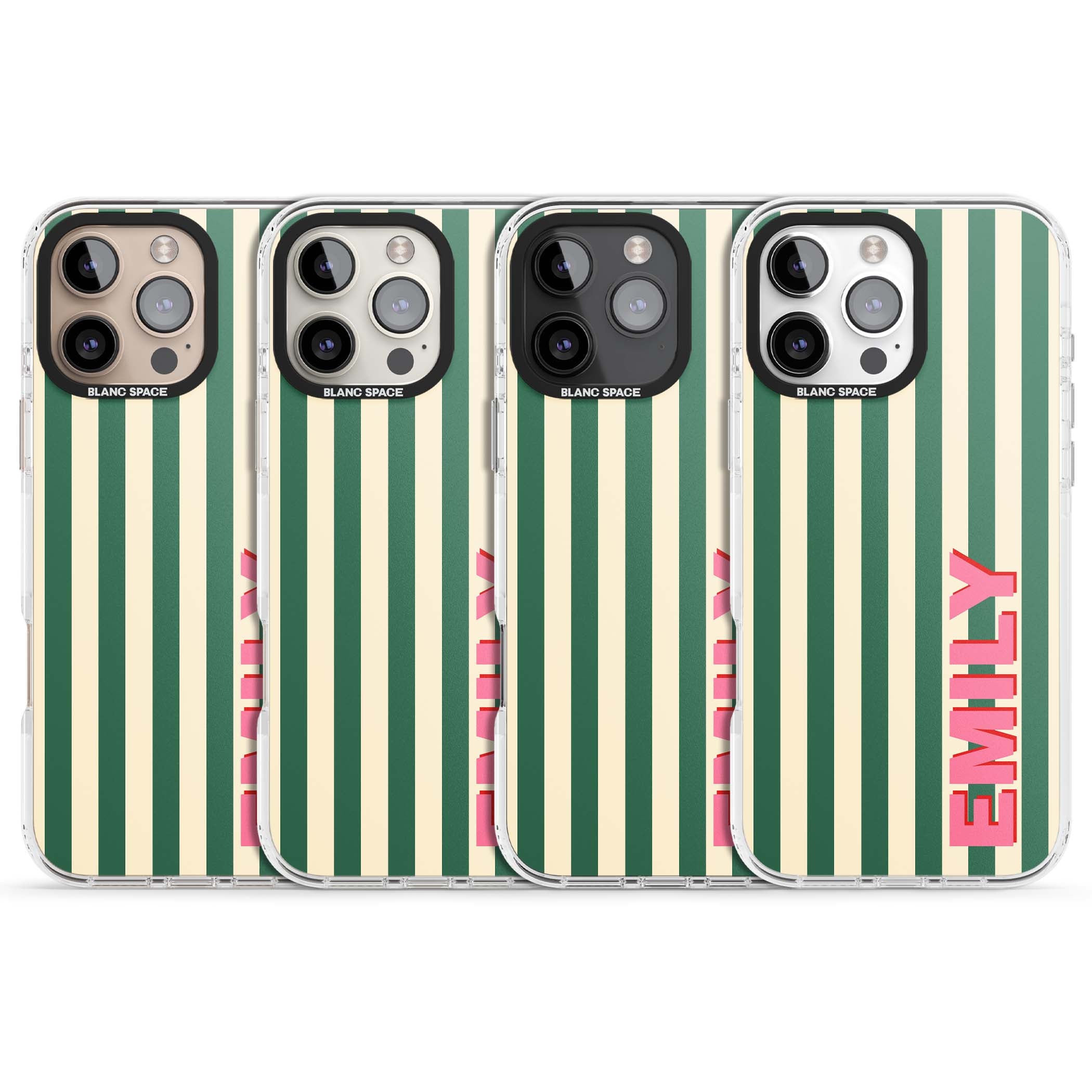Wimbledon Stripe preppy iPhone case featuring green and cream vertical stripes with a personalised pink name | Clear Impact case for iPhone 16 Pro, iPhone 16 Pro Max