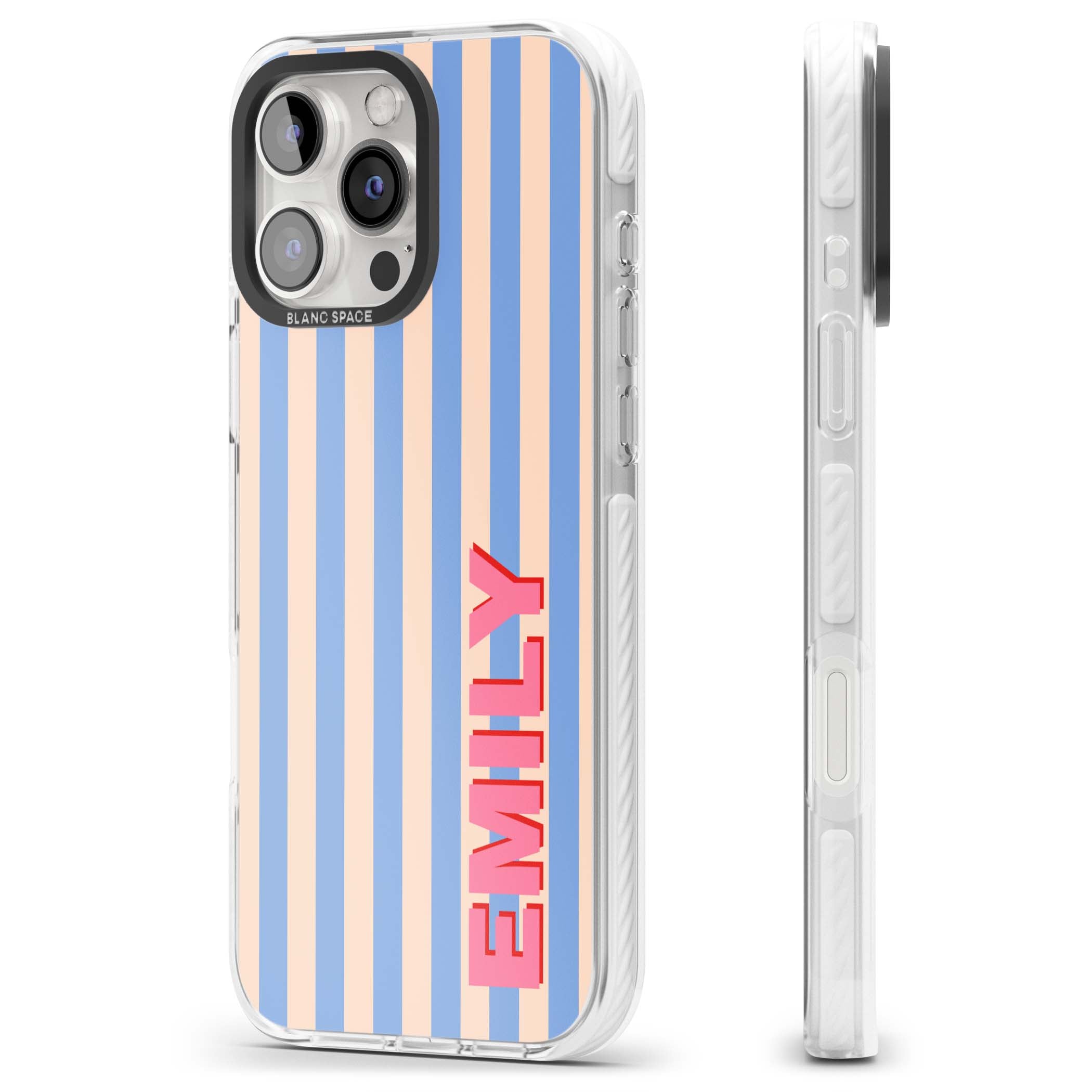Coastal Stripe personalised coastal iPhone case with blue and peach vertical stripes and custom pink name | Clear Impact case for iPhone 16 Pro, iPhone 16 Pro Max