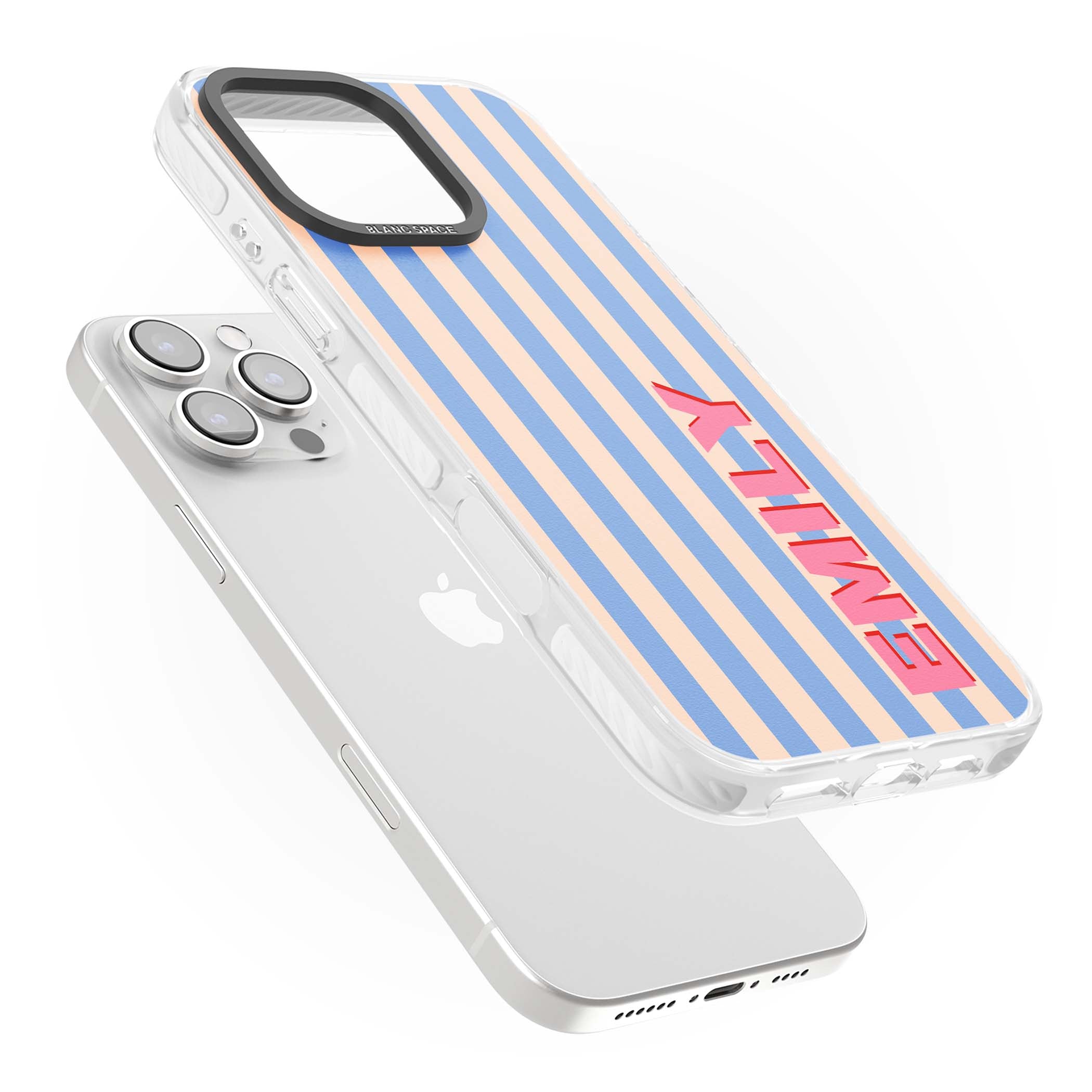 Coastal Stripe personalised coastal iPhone case with blue and peach vertical stripes and custom pink name | Clear Impact case for iPhone 16 Pro, iPhone 16 Pro Max