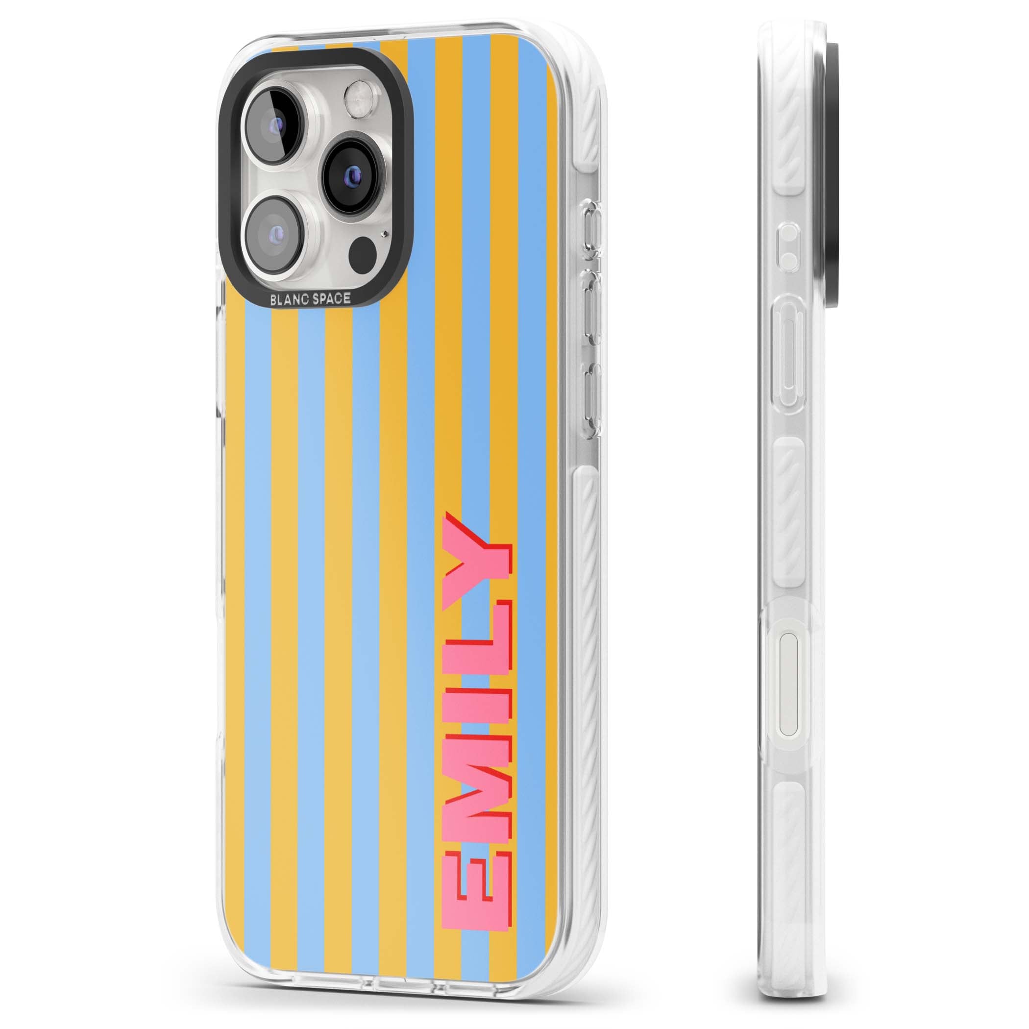 Carribean Stripe personalised coastal iPhone case with yellow and blue vertical stripes and a custom pink name | Clear Impact case for iPhone 16 Pro, iPhone 16 Pro Max