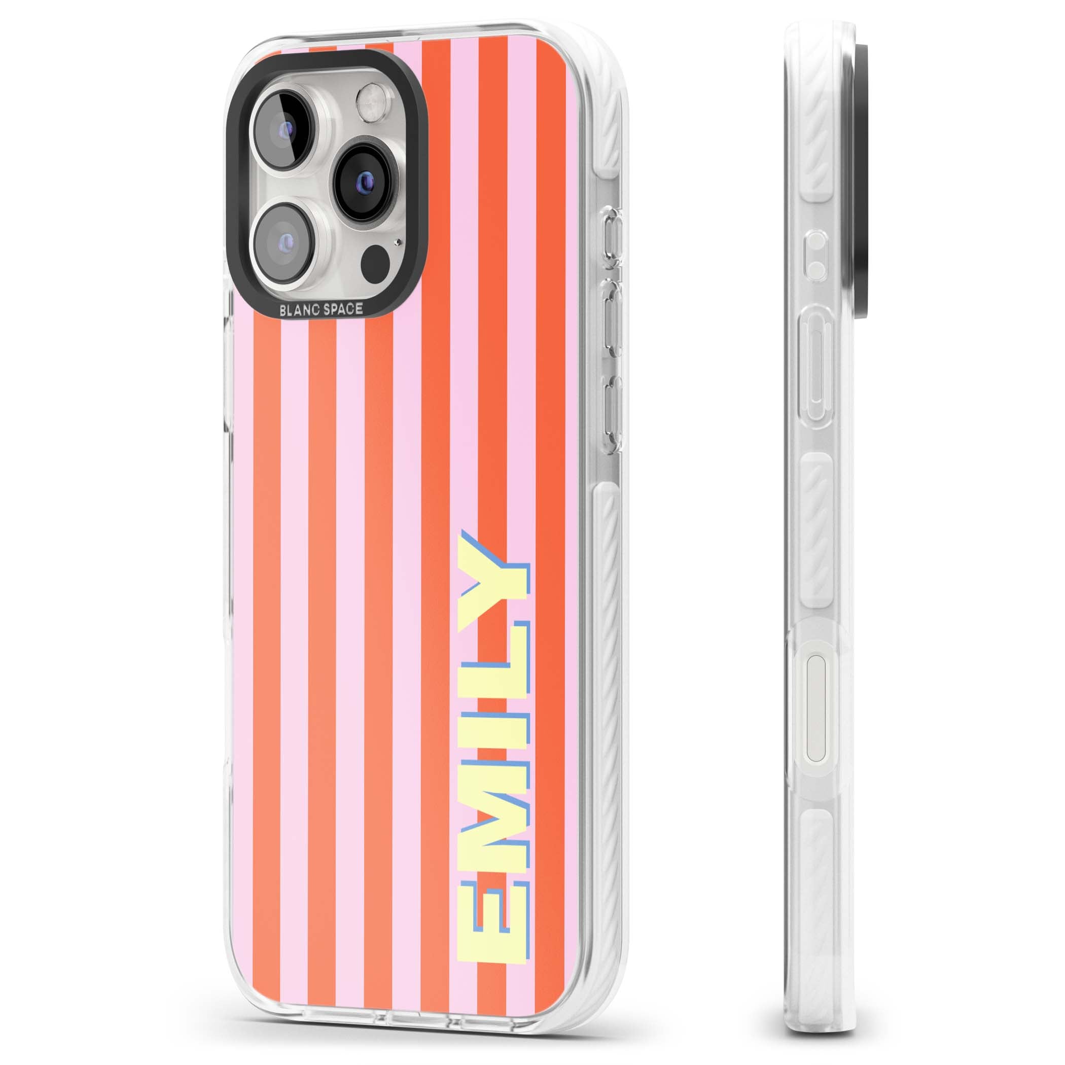 Havana Stripe personalised iPhone case featuring pink and orange vertical stripes with a custom yellow name | Clear Impact case for iPhone 16 Pro, iPhone 16 Pro Max