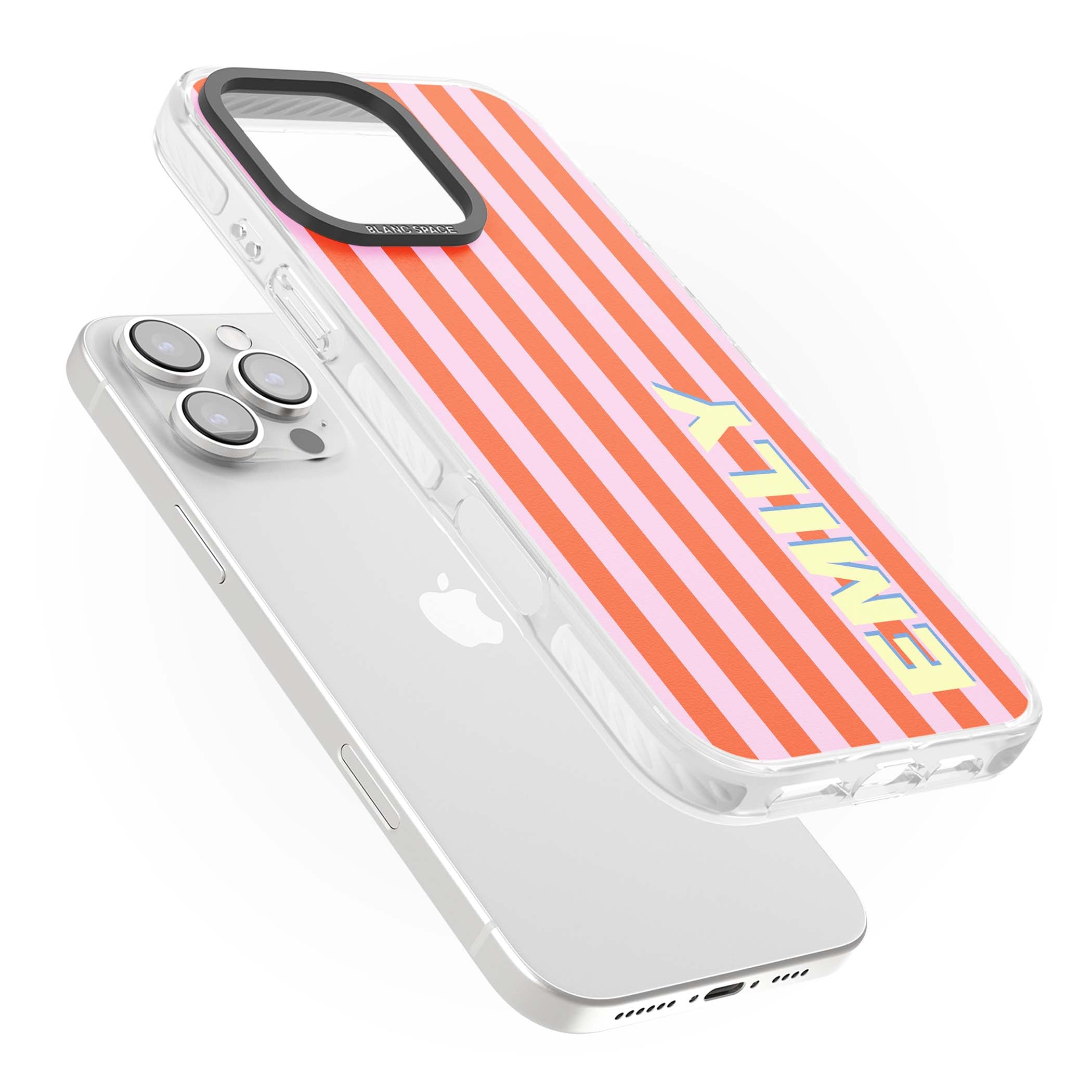 Havana Stripe personalised iPhone case featuring pink and orange vertical stripes with a custom yellow name | Clear Impact case for iPhone 16 Pro, iPhone 16 Pro Max