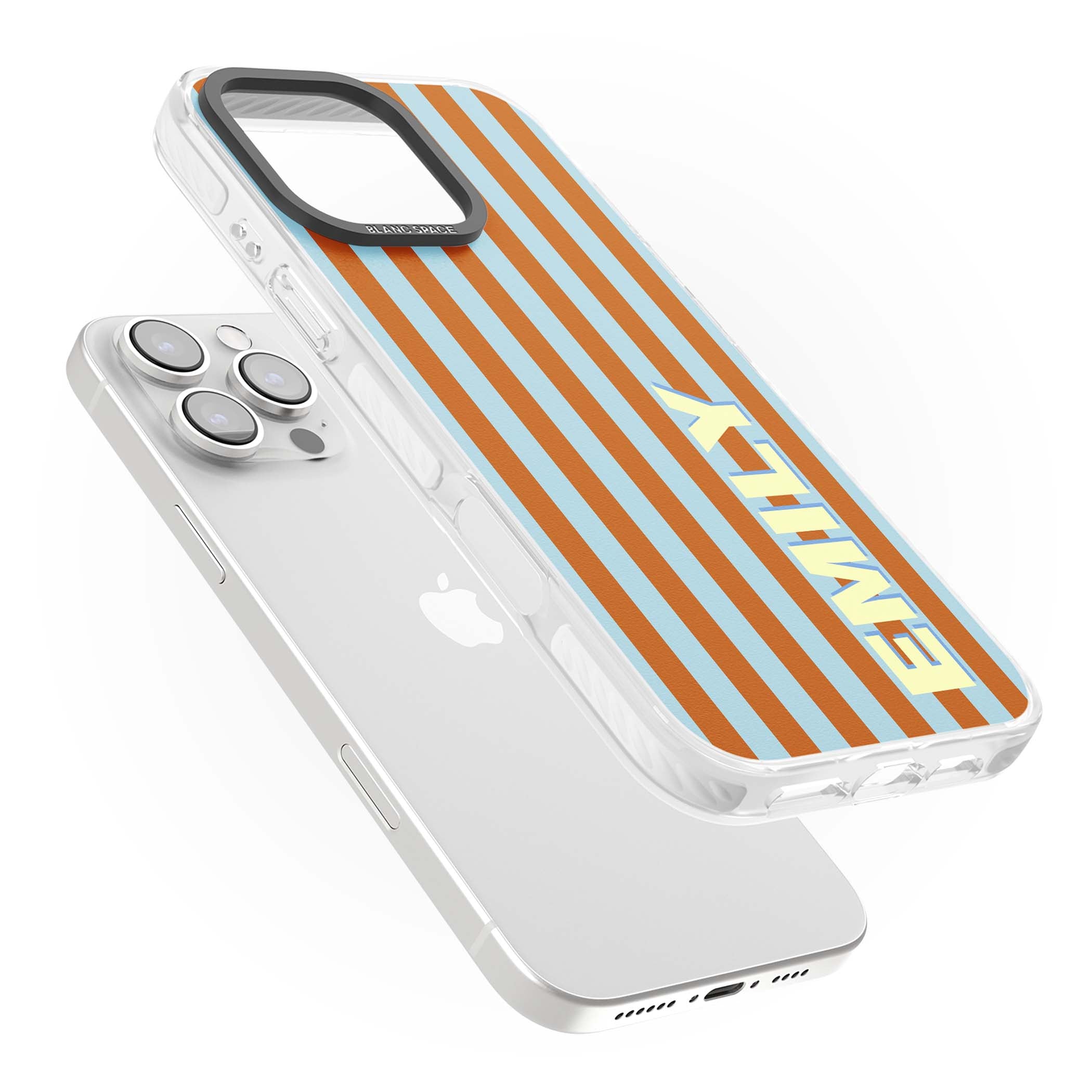 Cappadocia Stripe personalised coastal iPhone case featuring blue and orange vertical stripes with custom cream name | Clear Impact case for iPhone 16 Pro, iPhone 16 Pro Max