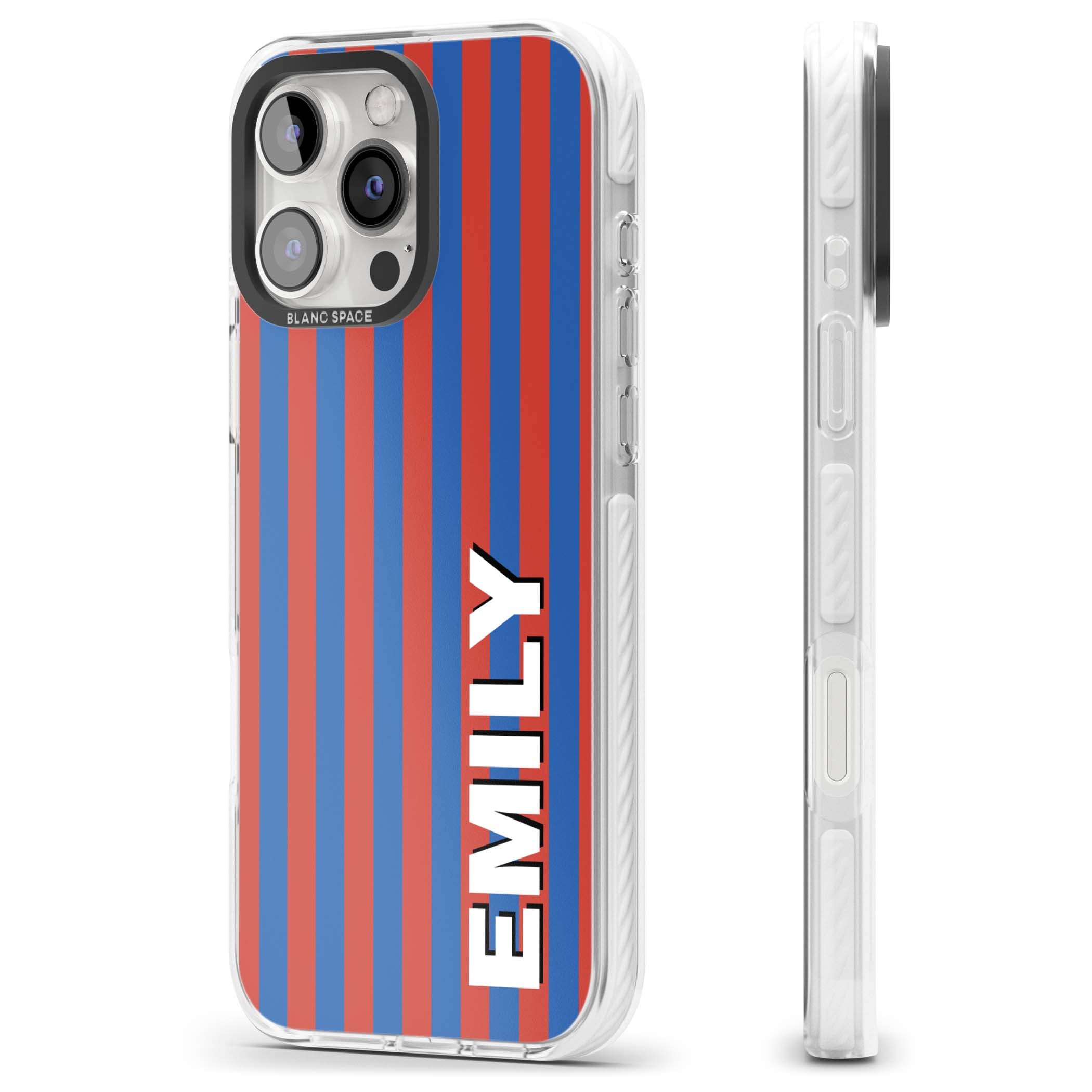 Cuban Stripe personalised iPhone case featuring red and blue vertical stripes with custom name in bold white letters | Clear Impact case for iPhone 16 Pro, iPhone 16 Pro Max