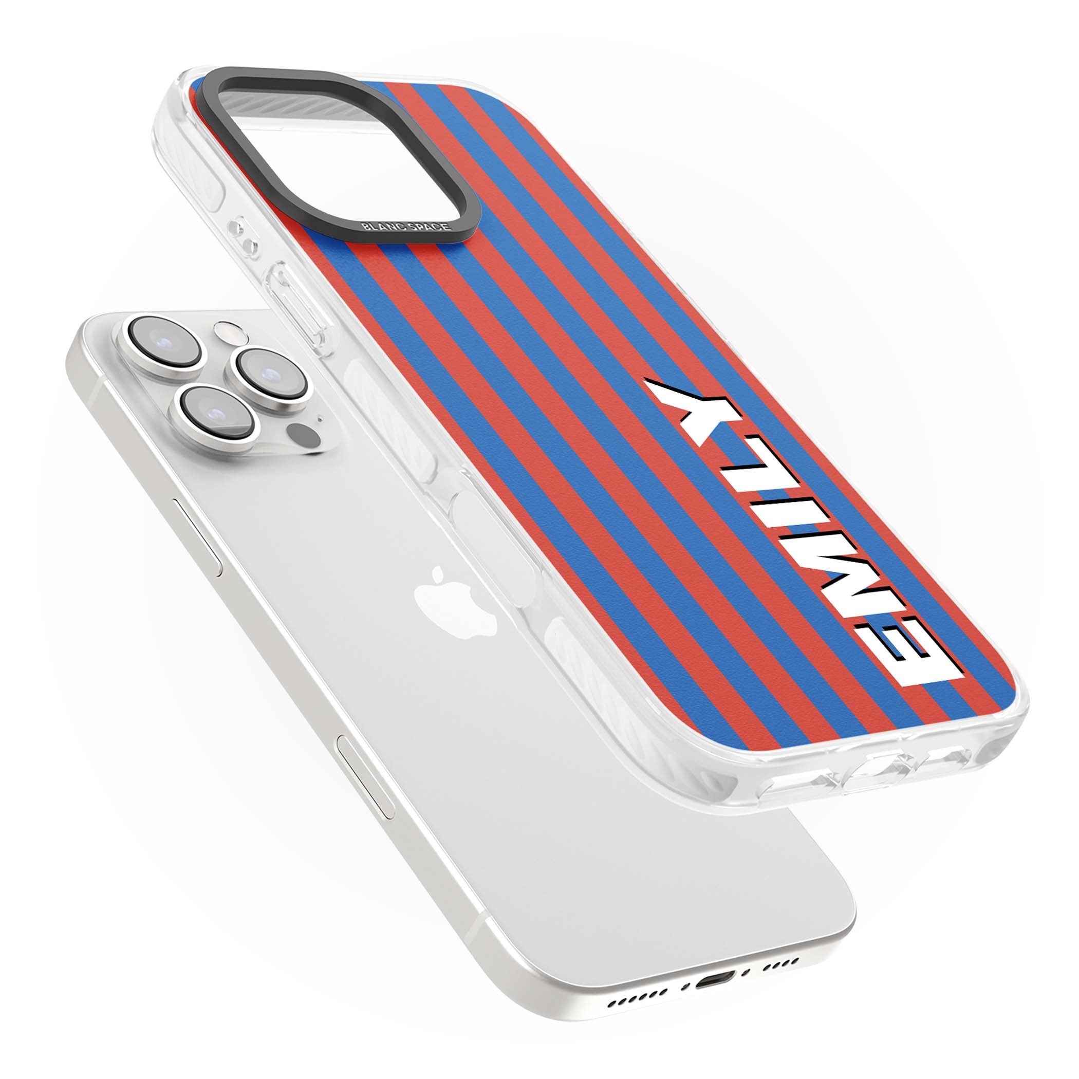 Cuban Stripe personalised iPhone case featuring red and blue vertical stripes with custom name in bold white letters | Clear Impact case for iPhone 16 Pro, iPhone 16 Pro Max