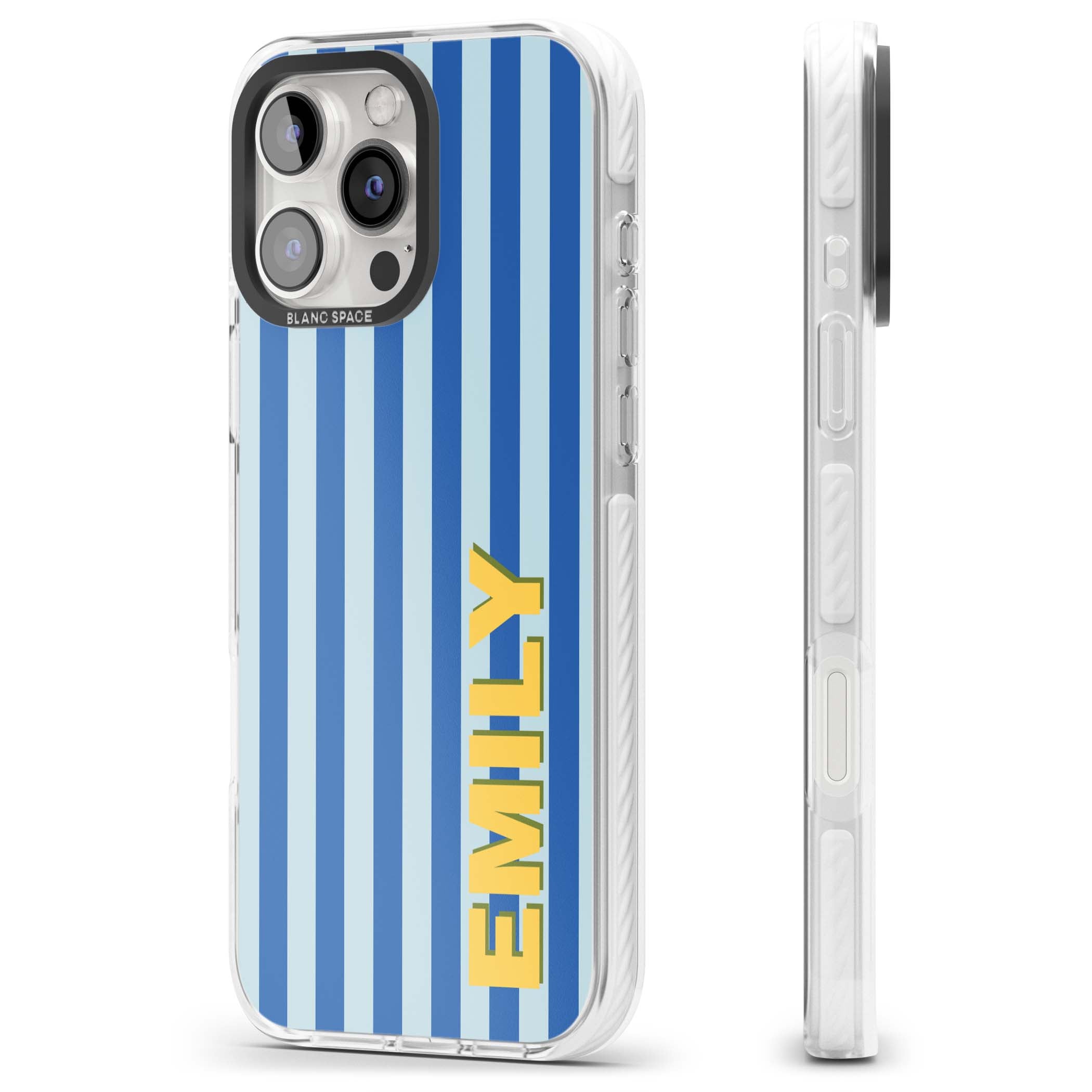 Athenian Stripe personalised preppy iPhone case featuring blue vertical stripes and a custom yellow name | Clear Impact case for iPhone 16 Pro, iPhone 16 Pro Max