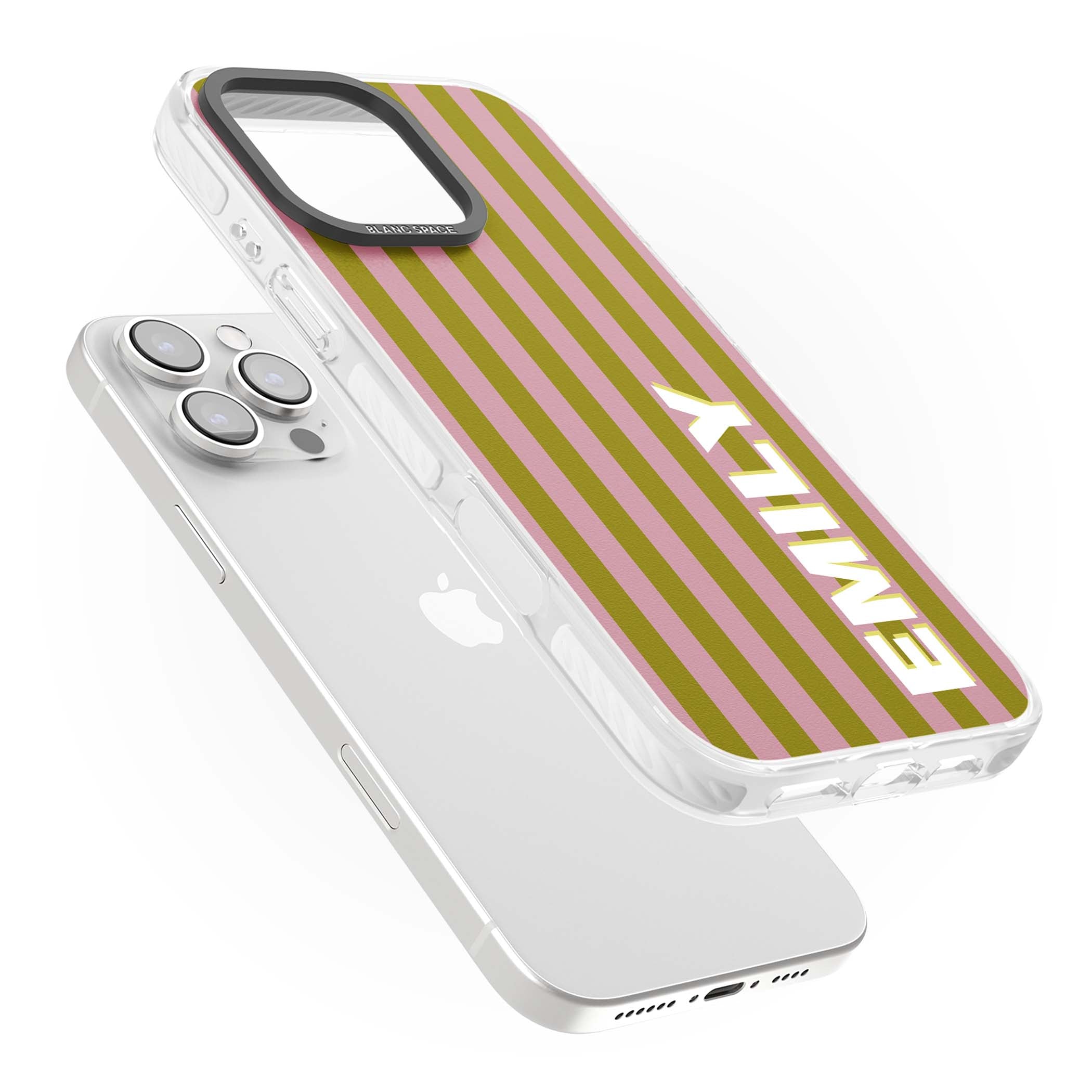 Istanbul Stripe personalised iPhone case featuring pink and olive green vertical stripes with a custom vertical name | Clear Impact case for iPhone 16 Pro, iPhone 16 Pro Max