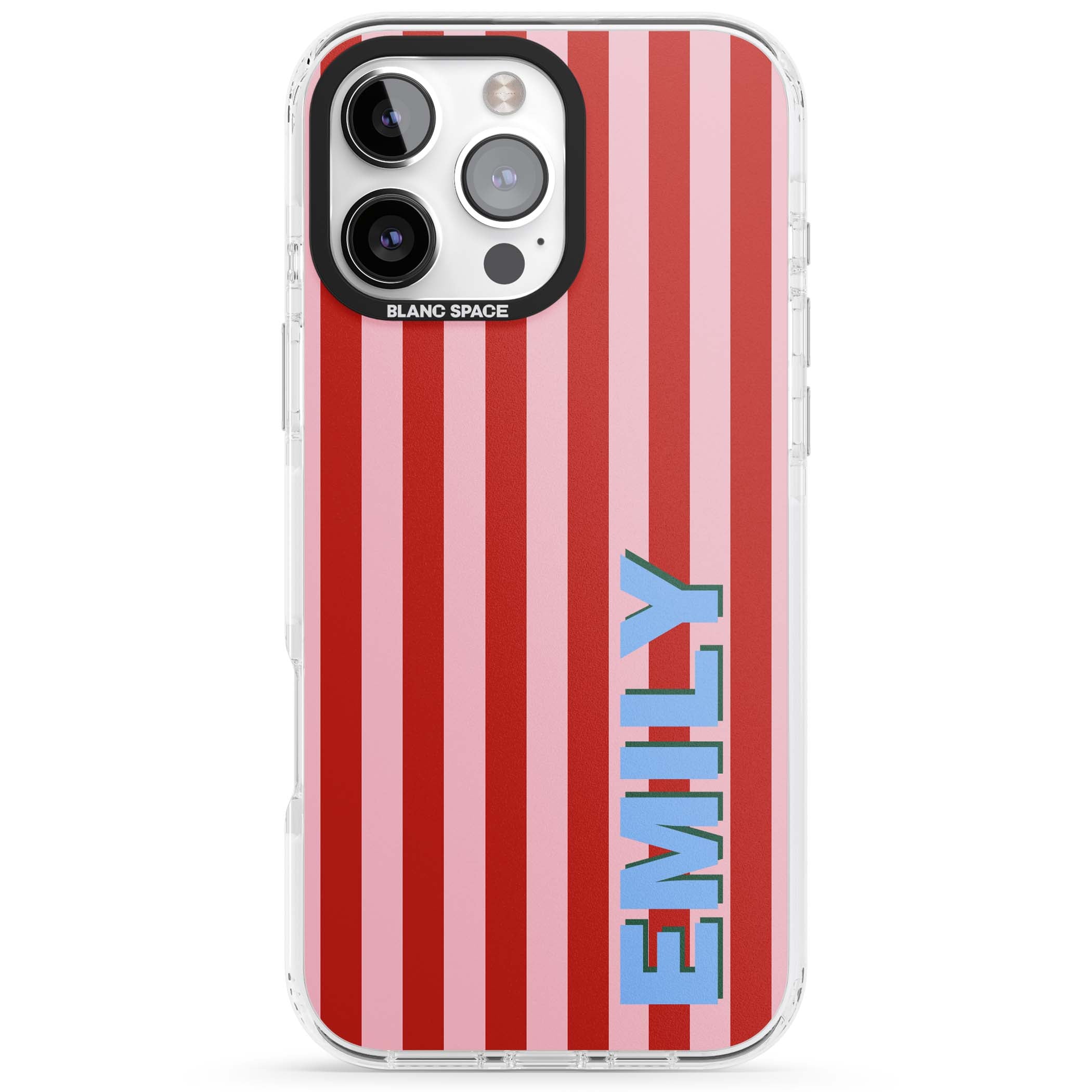 Market Stripe personalised iPhone case with red and pink vertical stripes and custom blue name | Clear Impact case for iPhone 16 Pro, iPhone 16 Pro Max