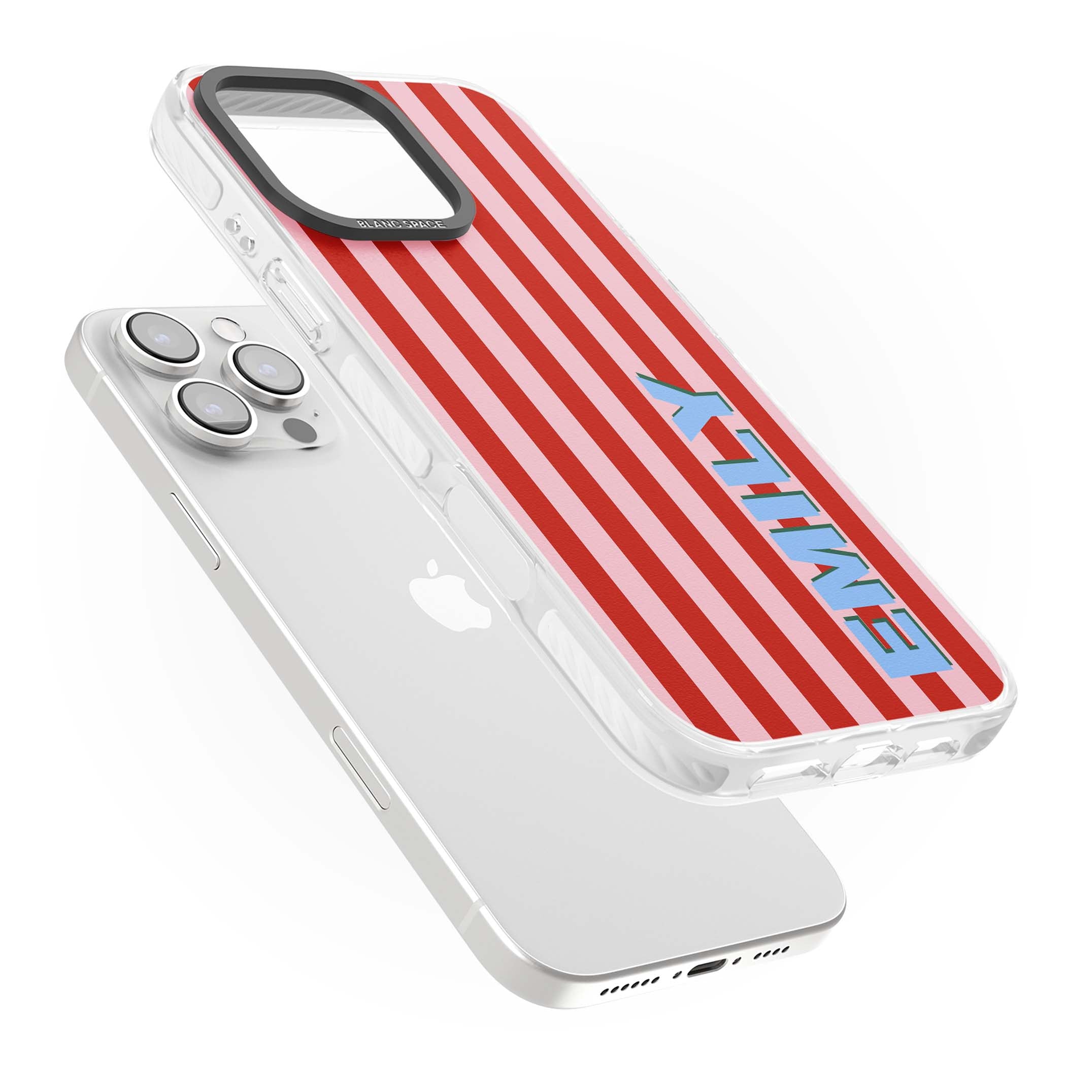 Market Stripe personalised iPhone case with red and pink vertical stripes and custom blue name | Clear Impact case for iPhone 16 Pro, iPhone 16 Pro Max
