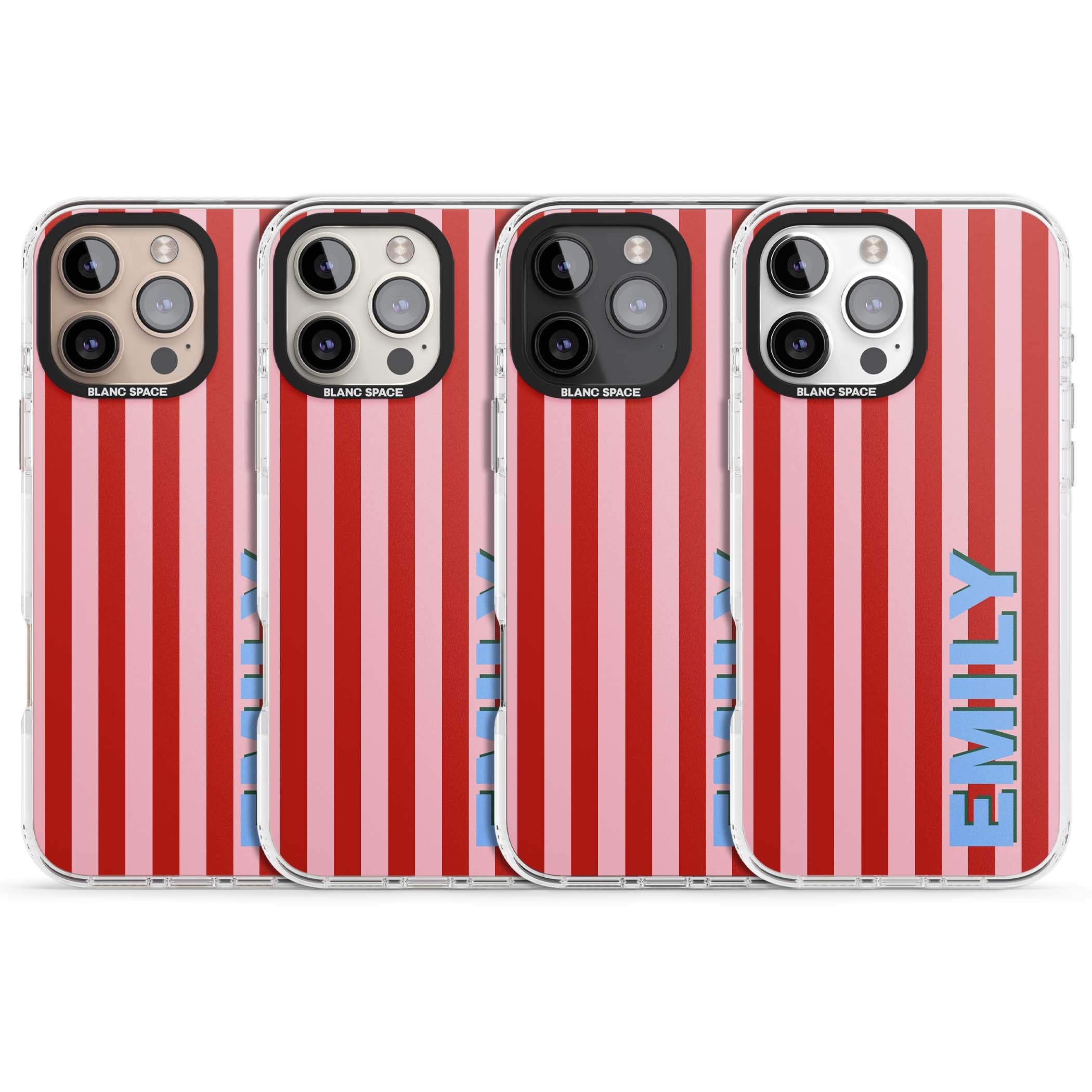Market Stripe personalised iPhone case with red and pink vertical stripes and custom blue name | Clear Impact case for iPhone 16 Pro, iPhone 16 Pro Max