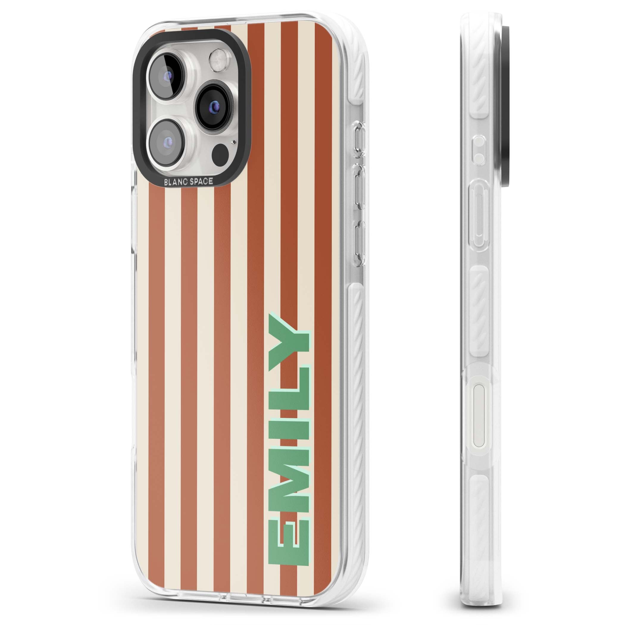 Dune Stripe personalised iPhone case with rust and cream vertical stripes and custom name in mint green | Clear Impact case for iPhone 16 Pro, iPhone 16 Pro Max