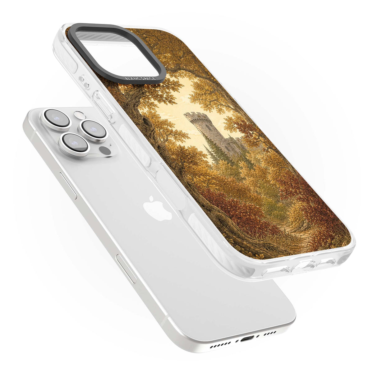 Autumn Keep cottagecore iPhone case featuring a medieval castle tower framed by golden autumn trees and woodland foliage | Clear Impact case for iPhone 16 Pro, iPhone 16 Pro Max