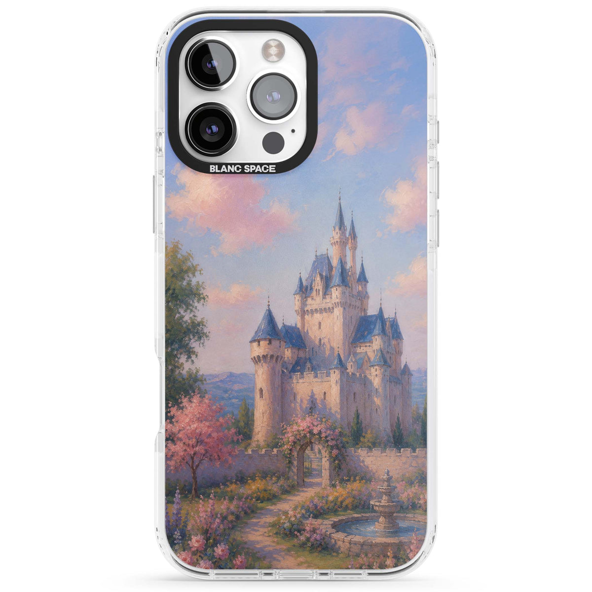 Enchanted Kingdom fairytale iPhone case featuring a romantic castle painting with cherry blossoms and pastel pink sky | Clear Impact case for iPhone 16 Pro, iPhone 16 Pro Max