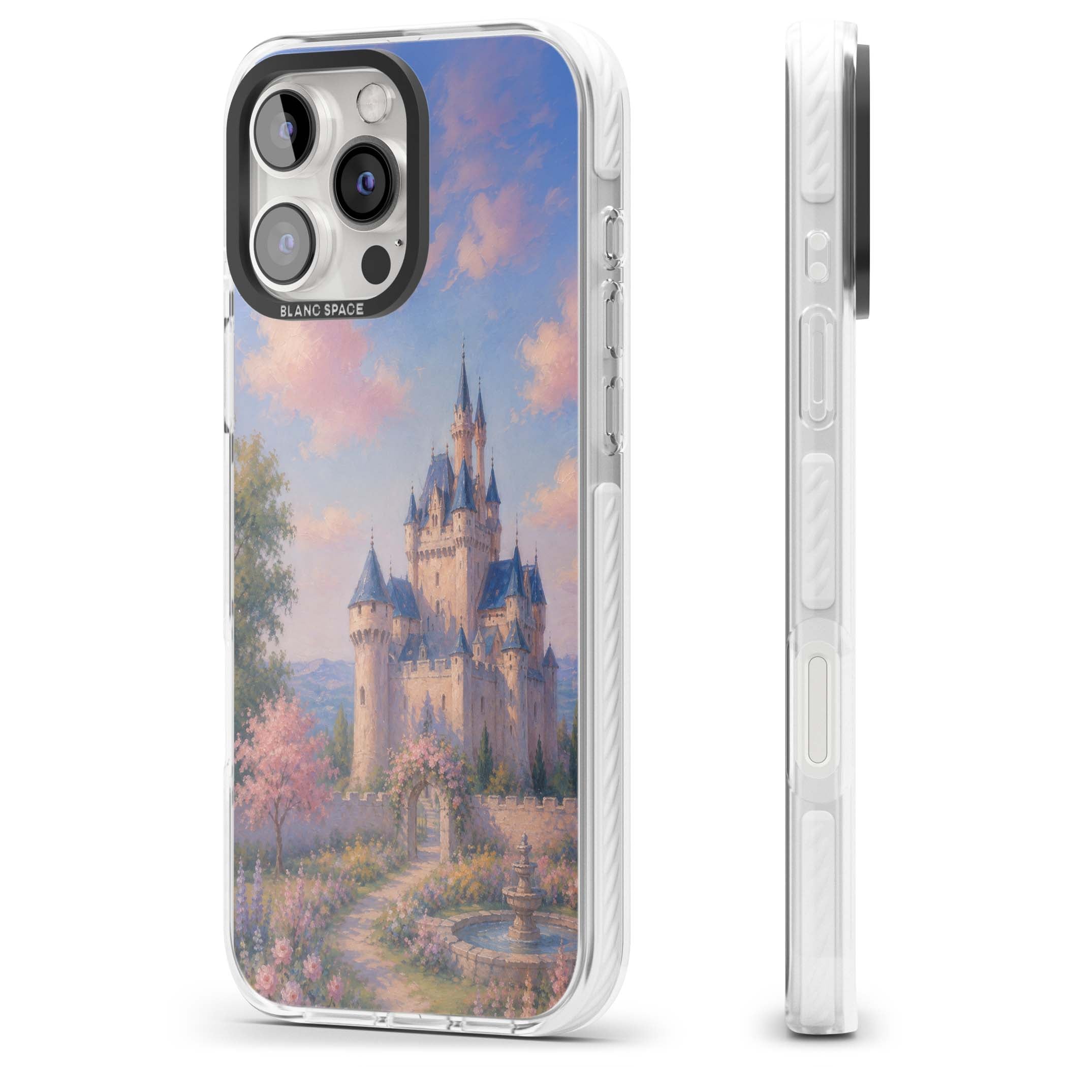 Enchanted Kingdom fairytale iPhone case featuring a romantic castle painting with cherry blossoms and pastel pink sky | Clear Impact case for iPhone 16 Pro, iPhone 16 Pro Max