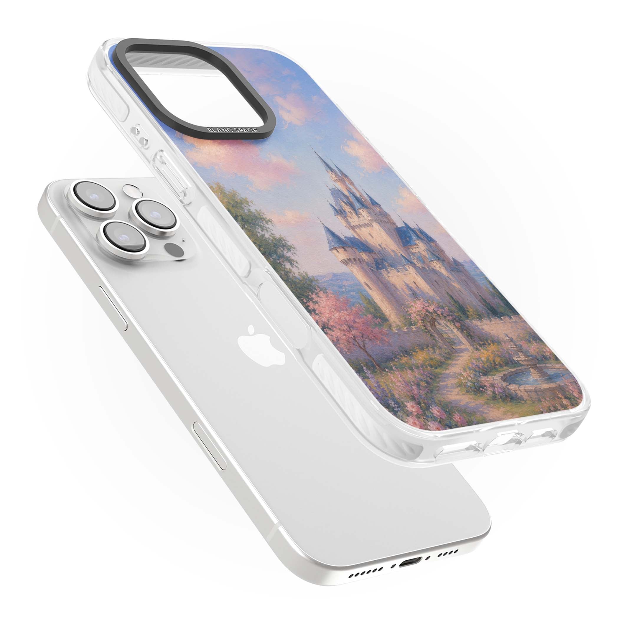 Enchanted Kingdom fairytale iPhone case featuring a romantic castle painting with cherry blossoms and pastel pink sky | Clear Impact case for iPhone 16 Pro, iPhone 16 Pro Max
