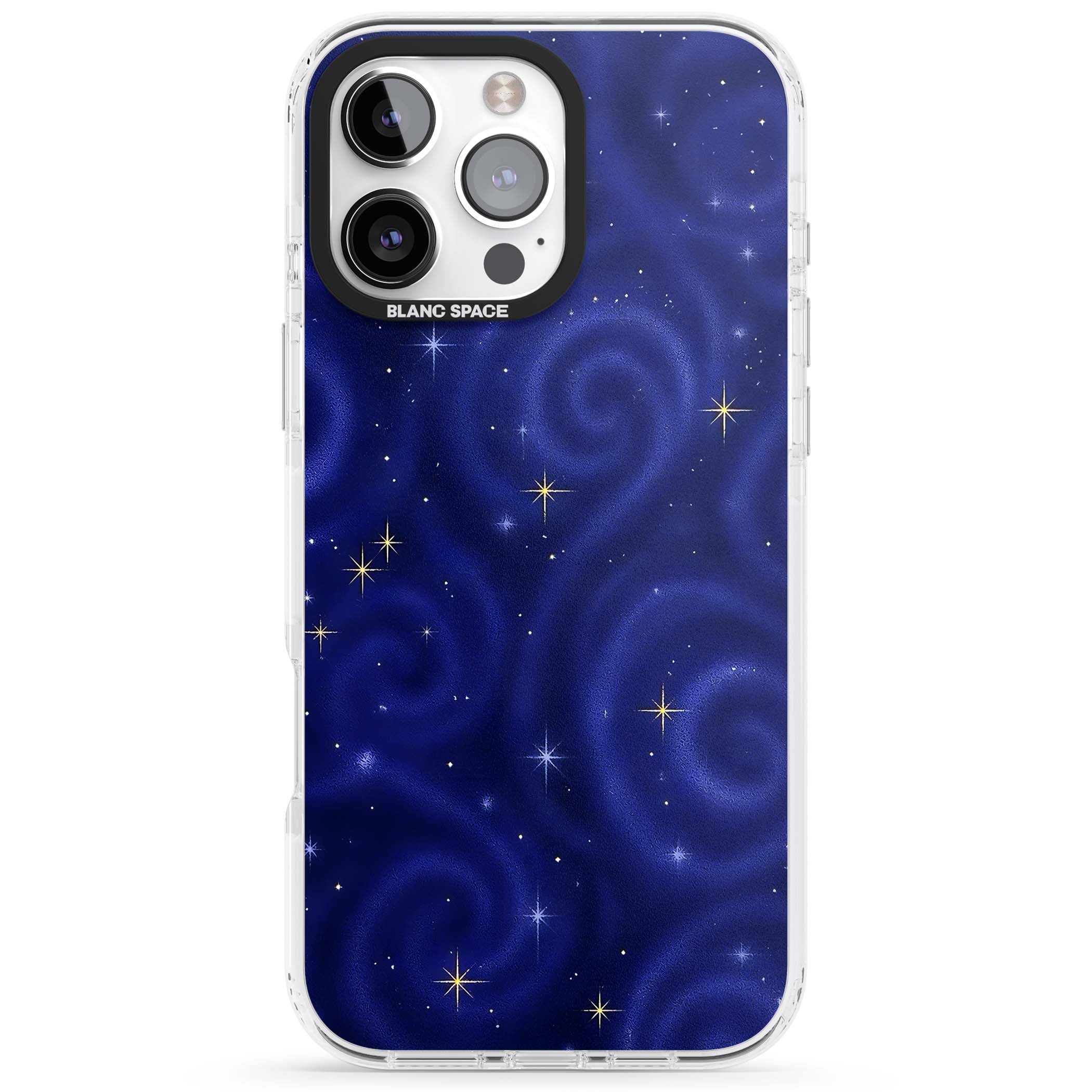 Indigo Cosmos celestial iPhone case featuring swirling navy night sky and sparkling golden stars | Clear Impact case for iPhone 16 Pro, iPhone 16 Pro Max
