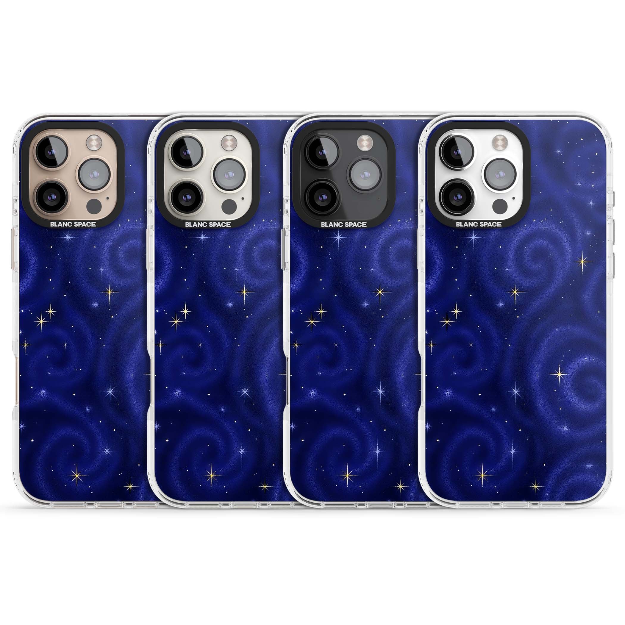 Indigo Cosmos celestial iPhone case featuring swirling navy night sky and sparkling golden stars | Clear Impact case for iPhone 16 Pro, iPhone 16 Pro Max