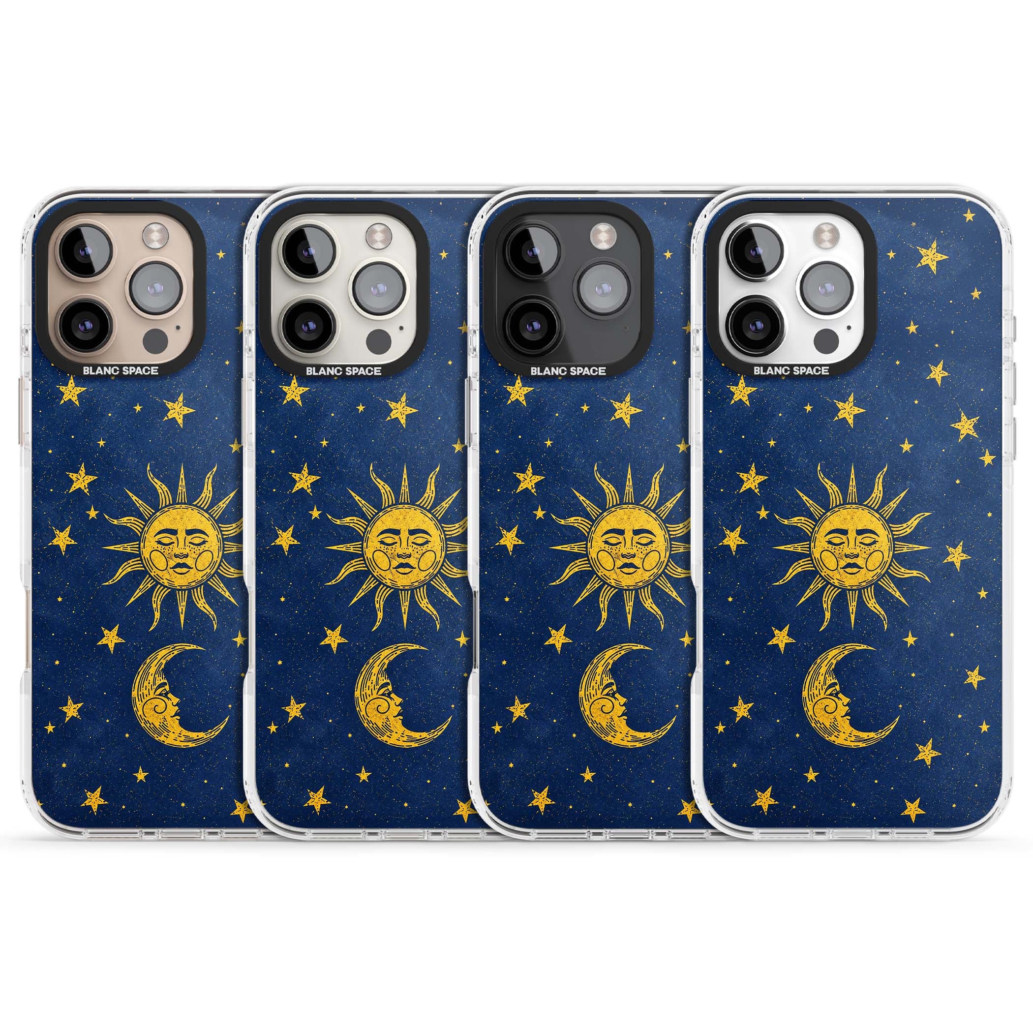 Sun & Moon Reverie celestial iPhone case featuring a vintage golden sun, crescent moon and scattered stars on midnight blue | Clear Impact case for iPhone 16 Pro, iPhone 16 Pro Max