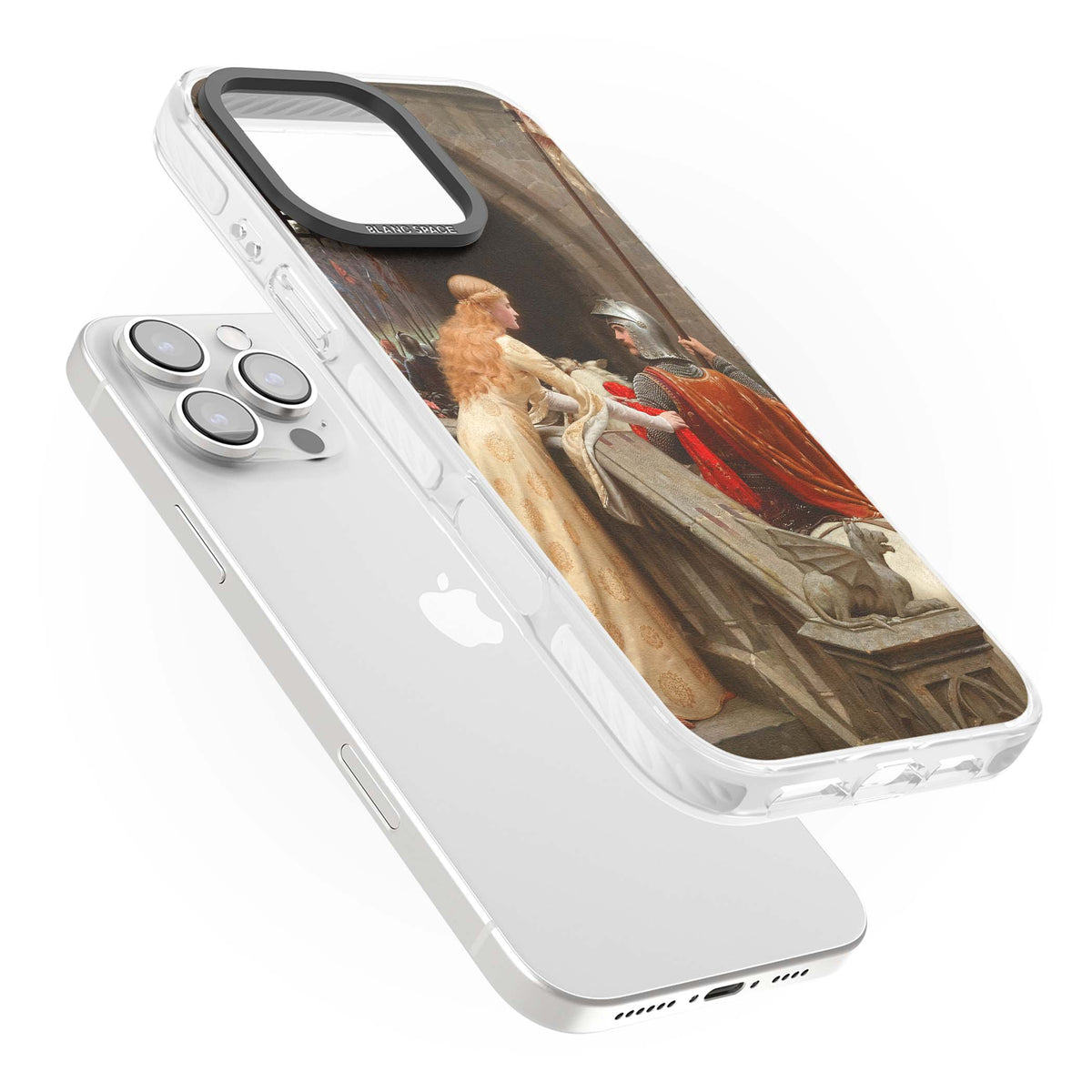 God Speed fine art iPhone case featuring Edmund Blair Leighton's medieval knight and lady beneath a stone archway | Clear Impact case for iPhone 16 Pro, iPhone 16 Pro Max