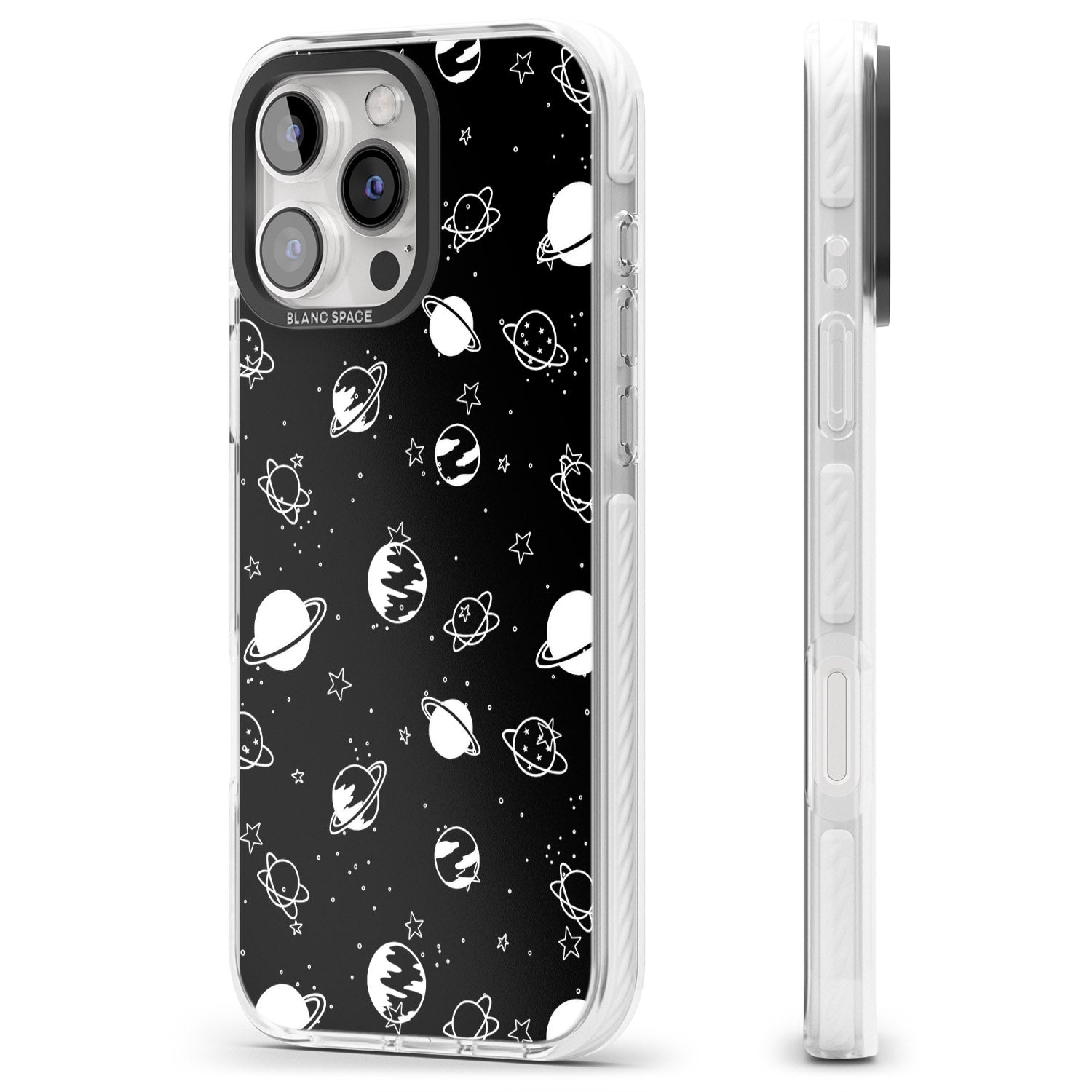 iPhone 16 Pro Max White Planets on Black Black Impact Phone Case