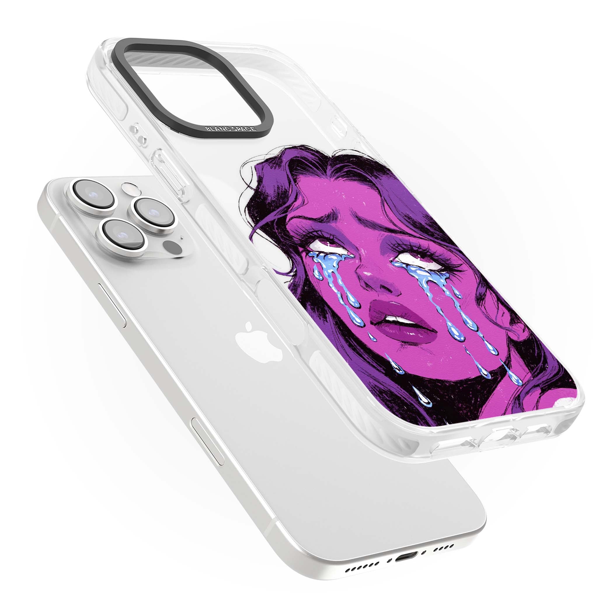 Drama Queen pop art iPhone case featuring a purple crying comic girl with blue tears | Clear Impact case for iPhone 16 Pro, iPhone 16 Pro Max