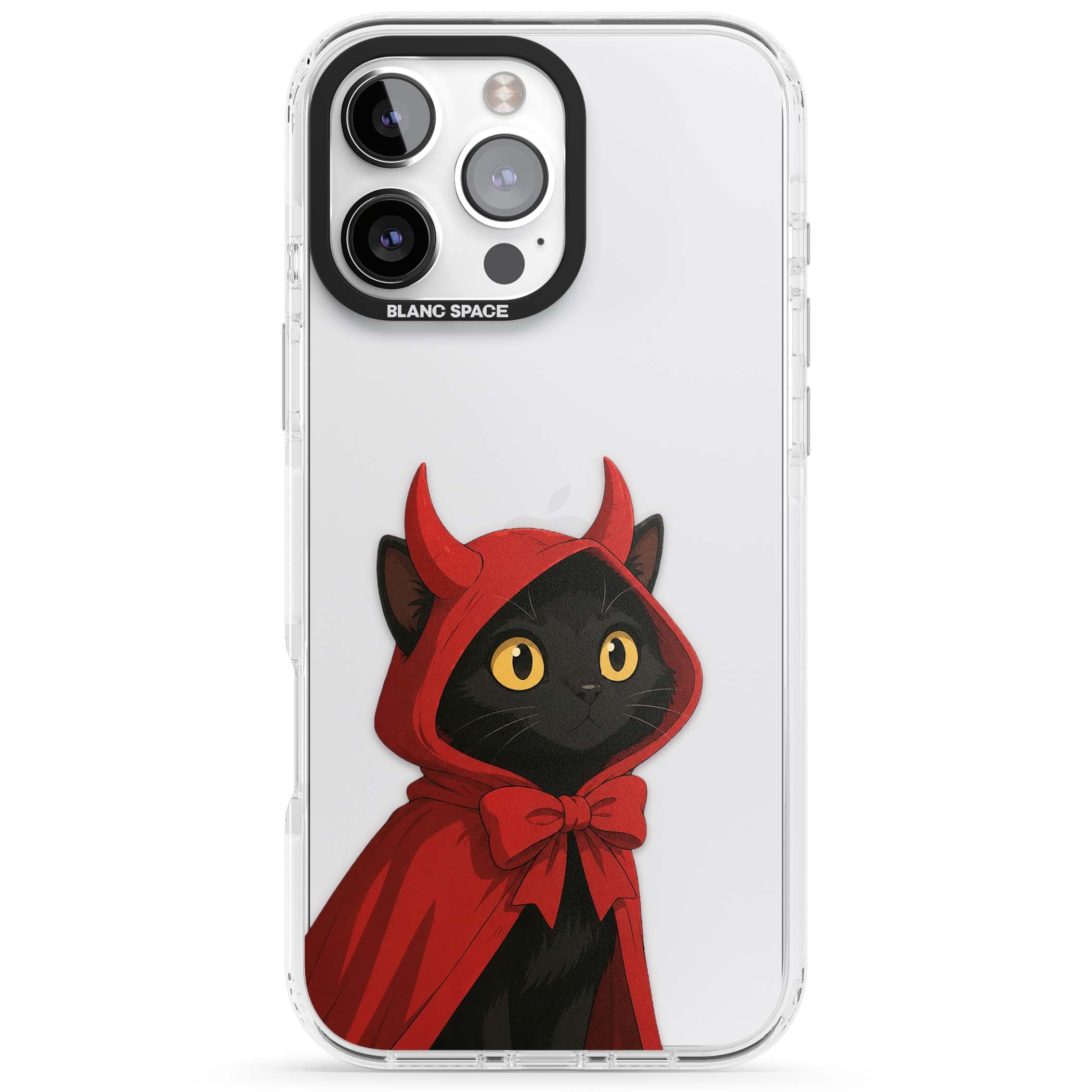 Little Devil halloween iPhone case featuring a black cat in a red hooded devil cloak with horns and golden eyes | Clear Impact case for iPhone 16 Pro, iPhone 16 Pro Max