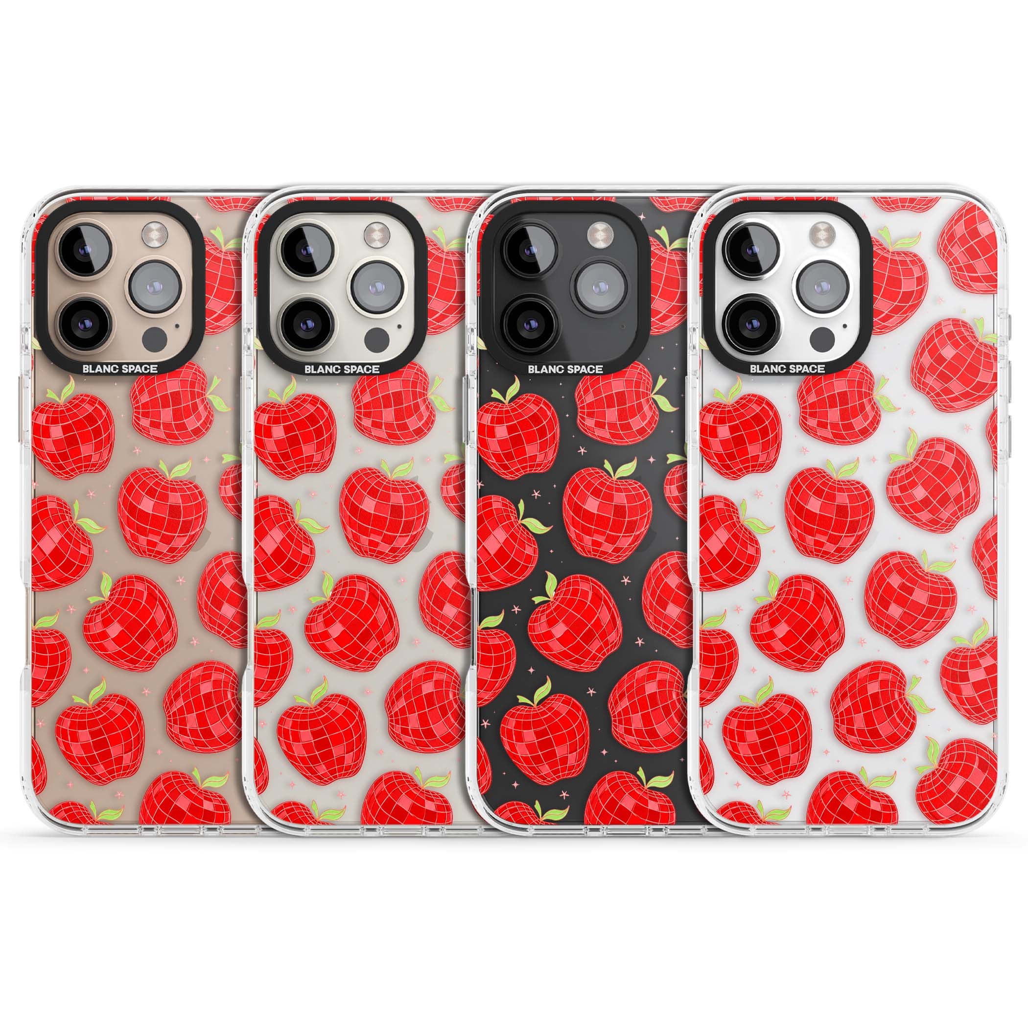 Disco Apples Y2K iPhone case featuring red disco ball apples, green leaves and pink sparkles on clear | Clear Impact case for iPhone 16 Pro, iPhone 16 Pro Max