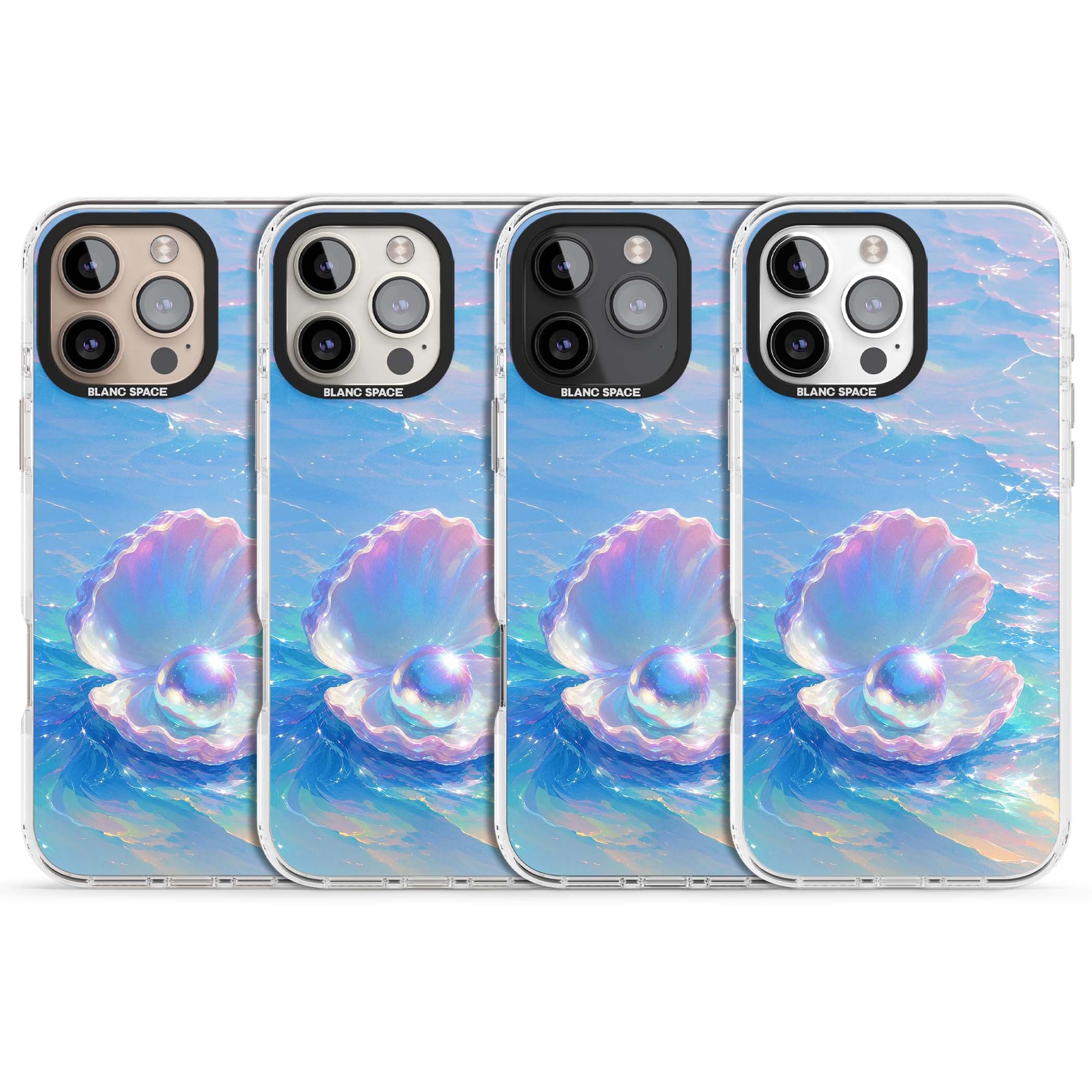 The Pearl Clam mermaidcore iPhone case featuring iridescent seashell, glowing pearl and pastel ocean waves | Clear Impact case for iPhone 16 Pro, iPhone 16 Pro Max