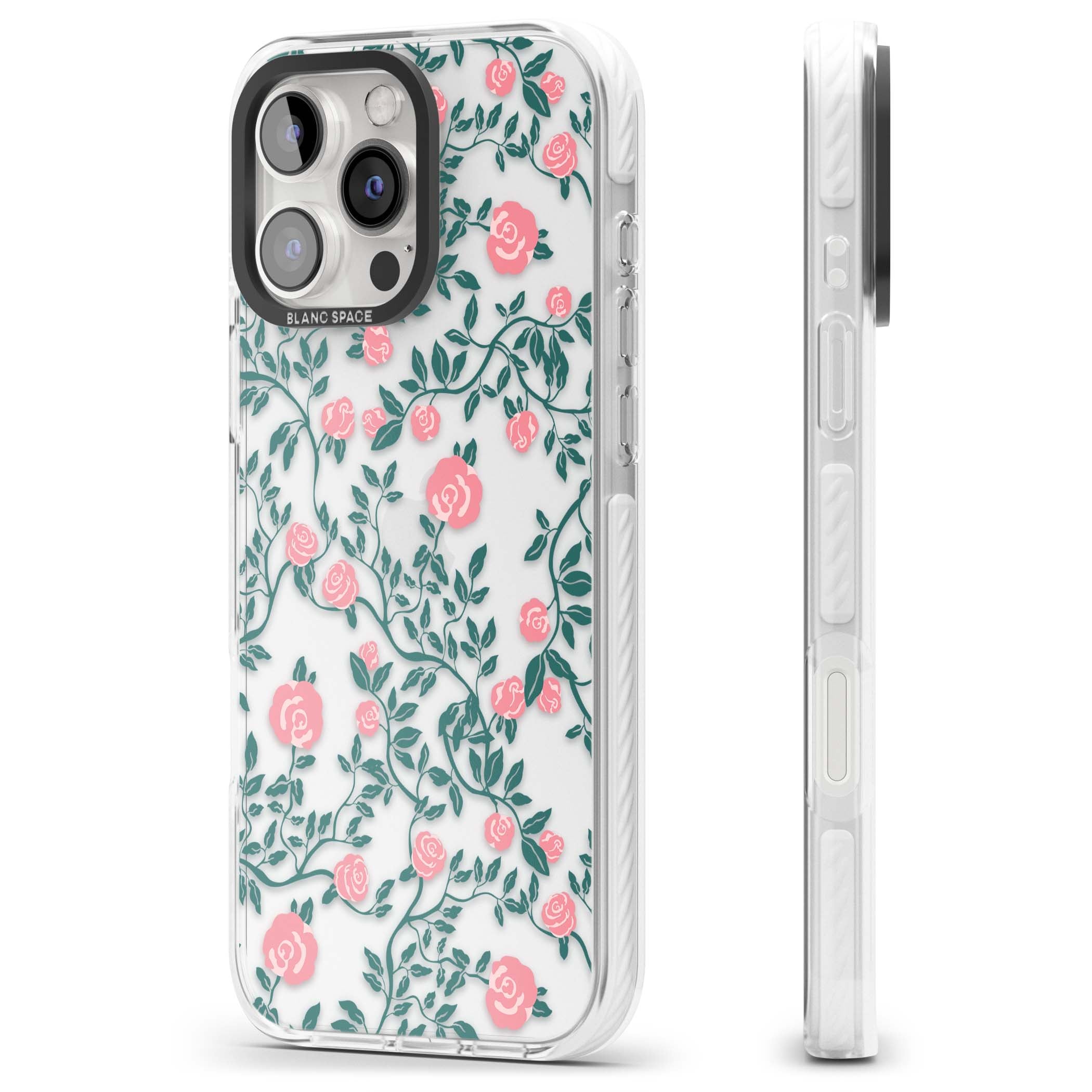 Rose Trellis (Clear) cottagecore iPhone case featuring pink climbing roses and green leaves on clear background | Clear Impact case for iPhone 16 Pro, iPhone 16 Pro Max