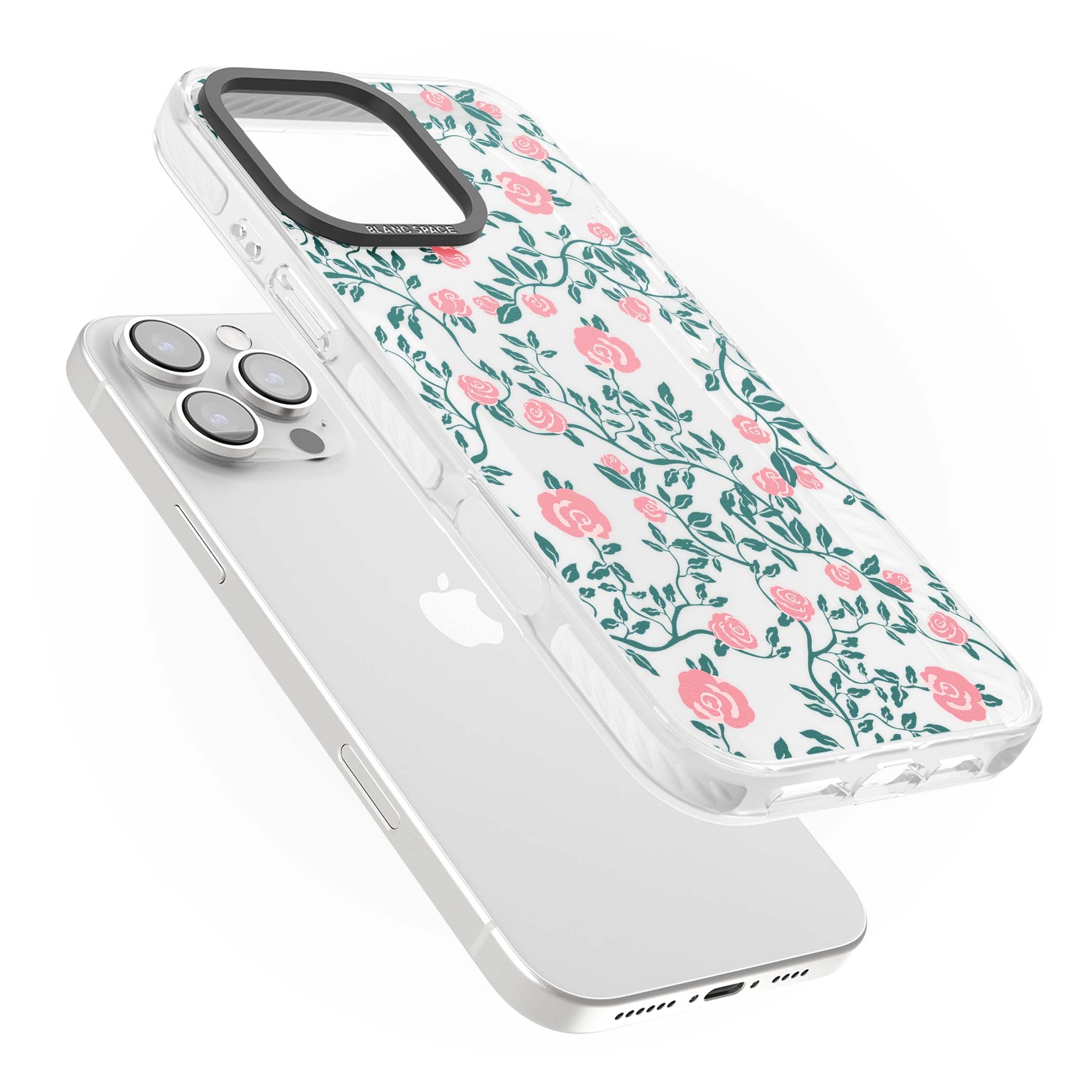 Rose Trellis (Clear) cottagecore iPhone case featuring pink climbing roses and green leaves on clear background | Clear Impact case for iPhone 16 Pro, iPhone 16 Pro Max