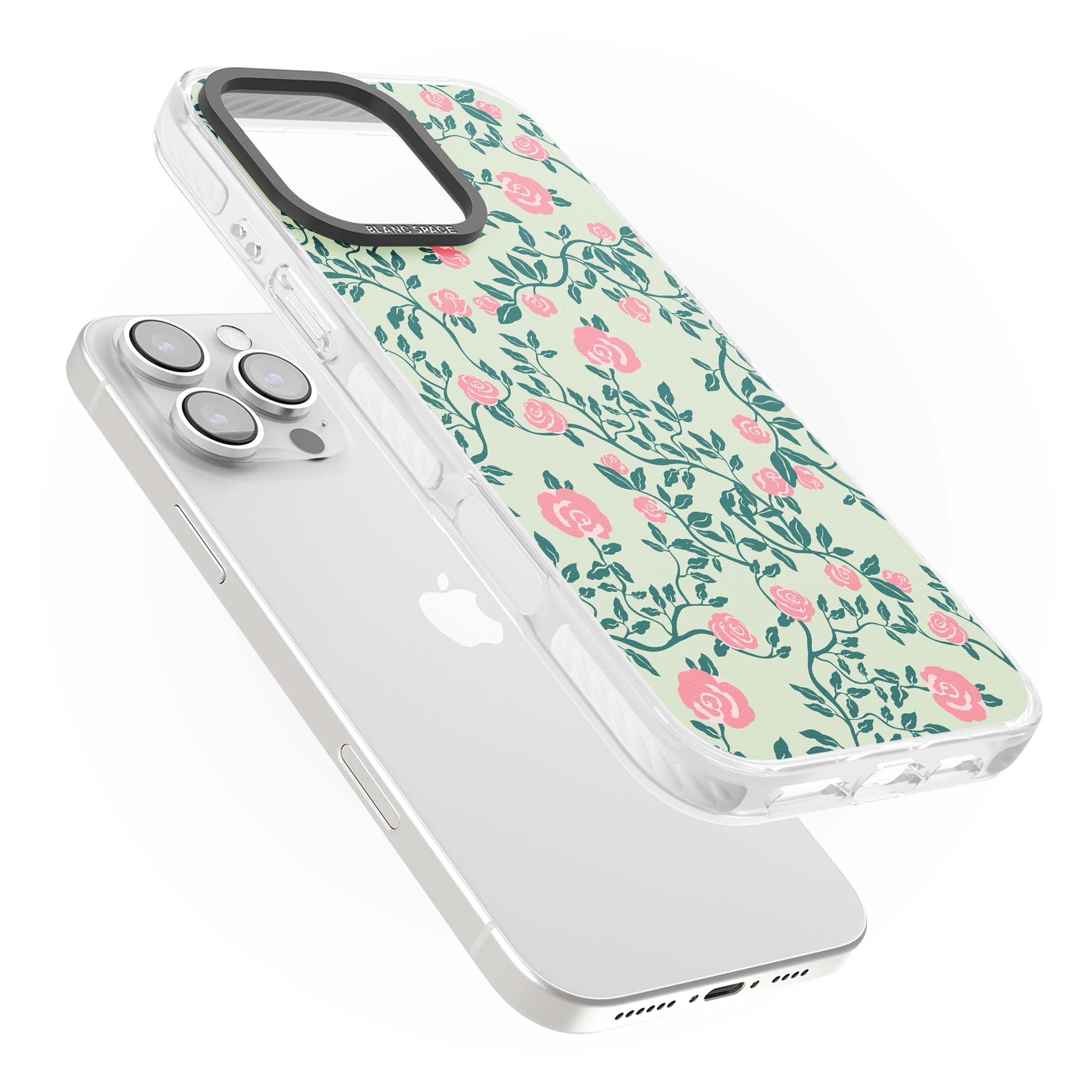 Rose Trellis cottagecore iPhone case featuring pink roses, sage green vines, and mint background | Clear Impact case for iPhone 16 Pro, iPhone 16 Pro Max
