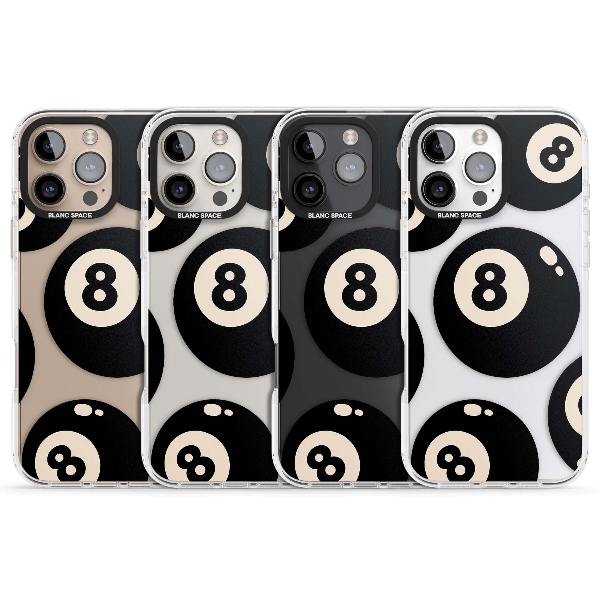 Eights y2k iPhone case featuring scattered black 8 balls with cream highlights on a clear background | Clear Impact case for iPhone 16 Pro, iPhone 16 Pro Max