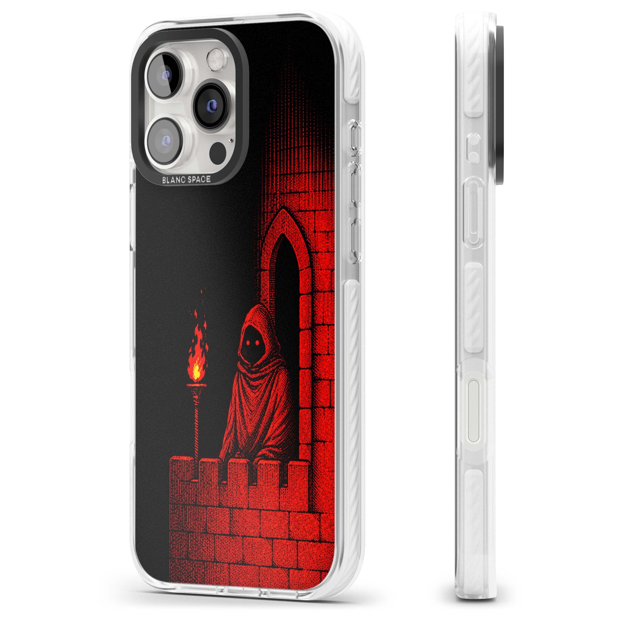 Crimson Crypt gothic iPhone case featuring a hooded reaper, torchlit crypt archway and red halftone horror art | Clear Impact case for iPhone 16 Pro, iPhone 16 Pro Max
